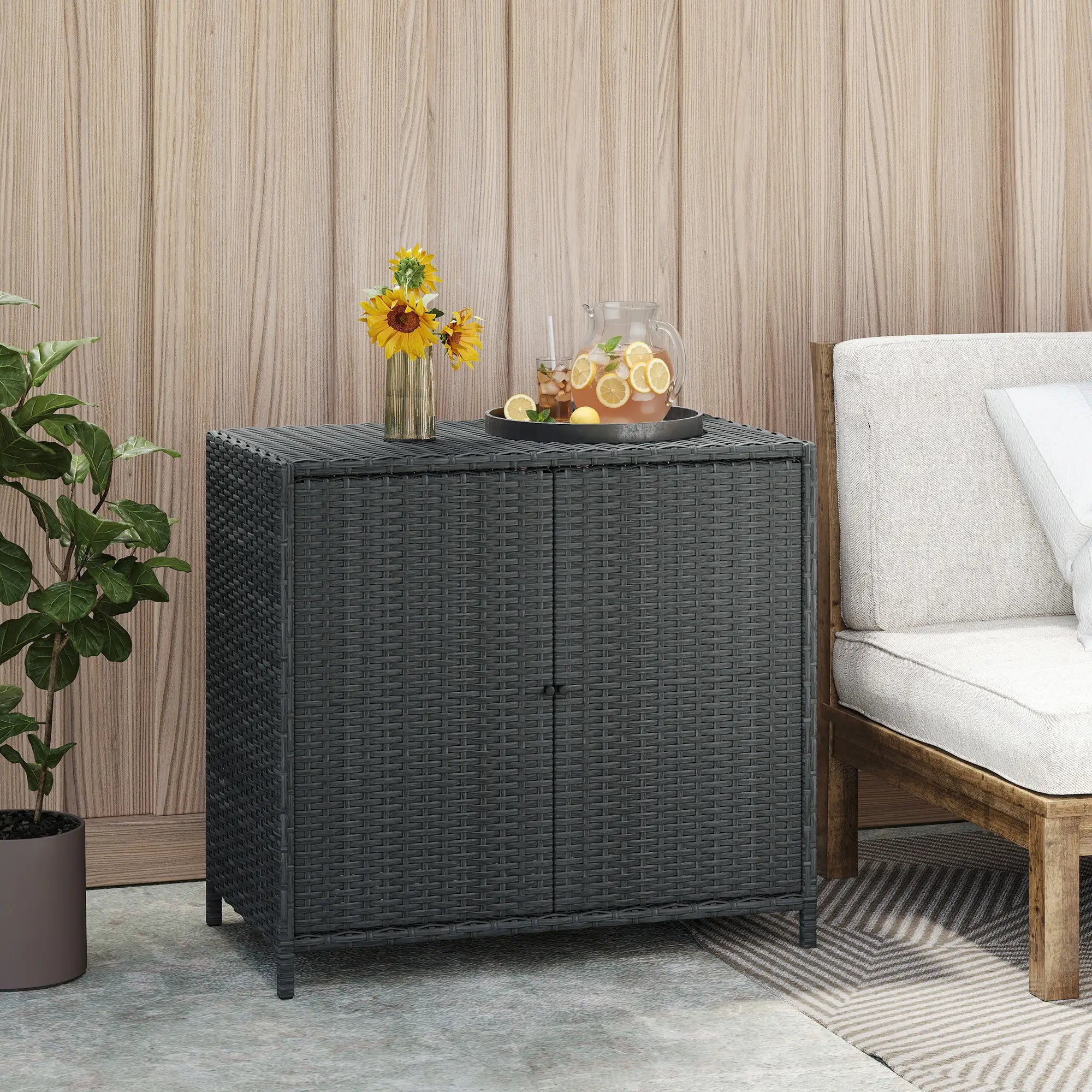 Outdoor Storage Cabinet, Double Magnetic Doors, PE Rattan Towel Rack, Dark Grey Patio Storage Boxes at Gallery Canada