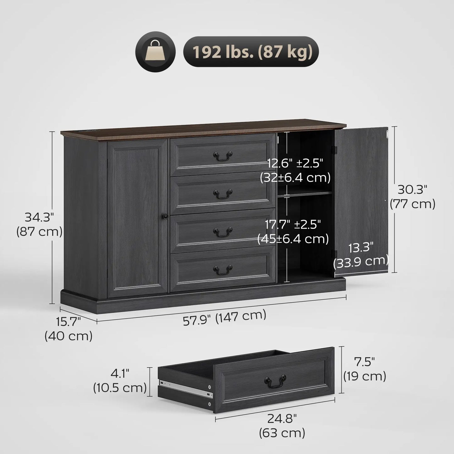 Farmhouse Sideboard with Charging Station, 58" Buffet Cabinet, Black Storage Cabinets at Gallery Canada