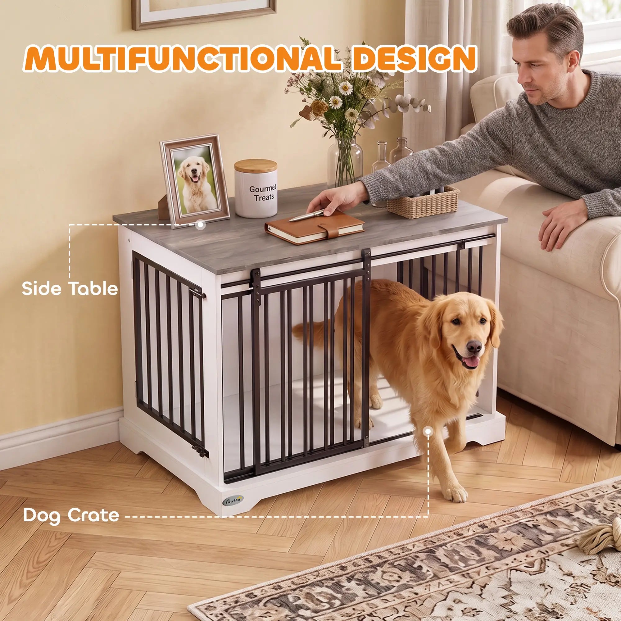 Dog Crate Furniture 100 cm, Sliding Barn Door, Large Breeds, White Dog Cages & Crates at Gallery Canada