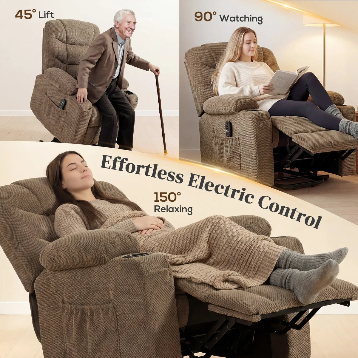 Electric Lift Recliner Chair, Massage, Side Pockets, Cup Holders, Remote, Brown Electric Power Lift Chairs at Gallery Canada