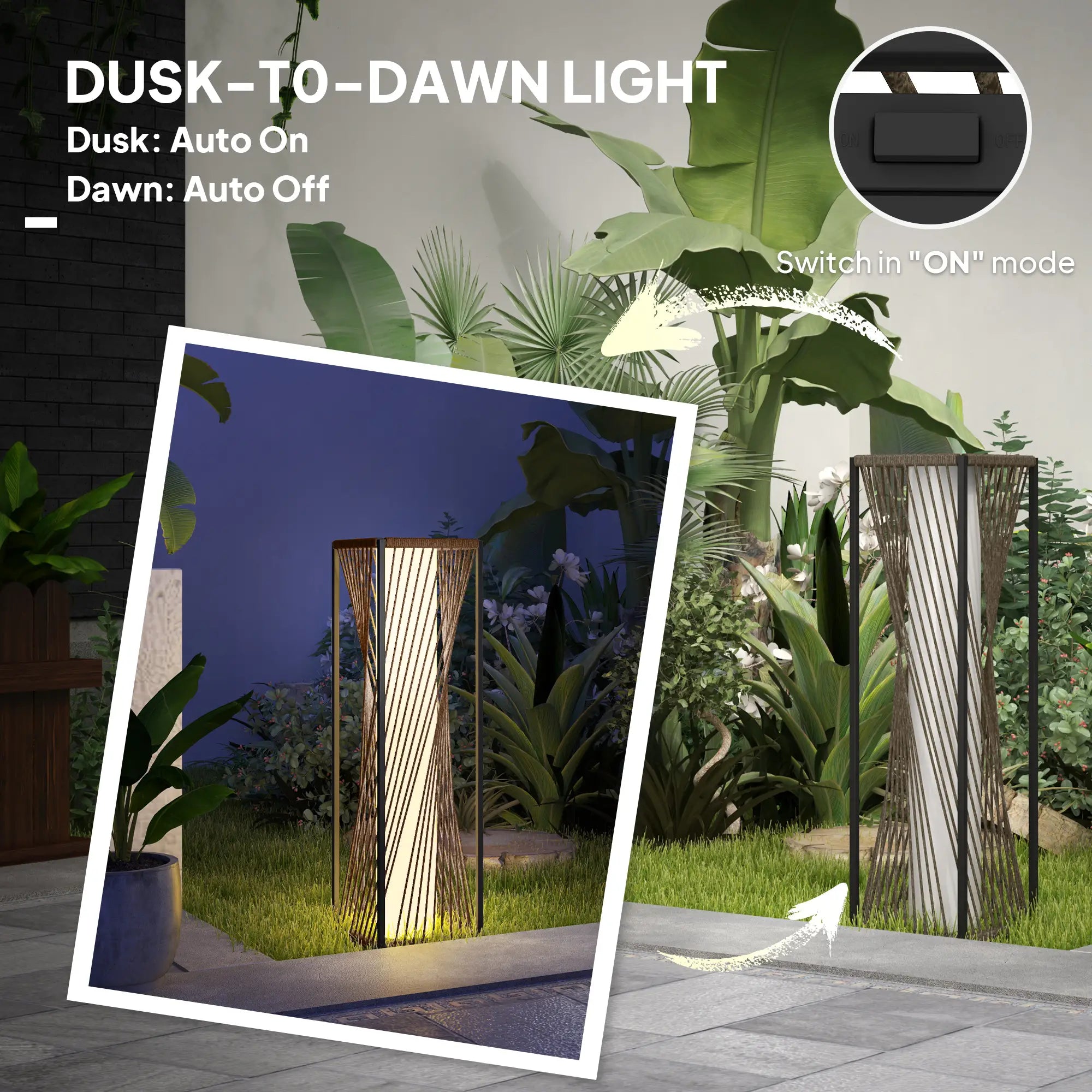 Rattan Solar Floor Lamp, IP44, LED Auto On/Off, Brown Solar Post Lamps at Gallery Canada