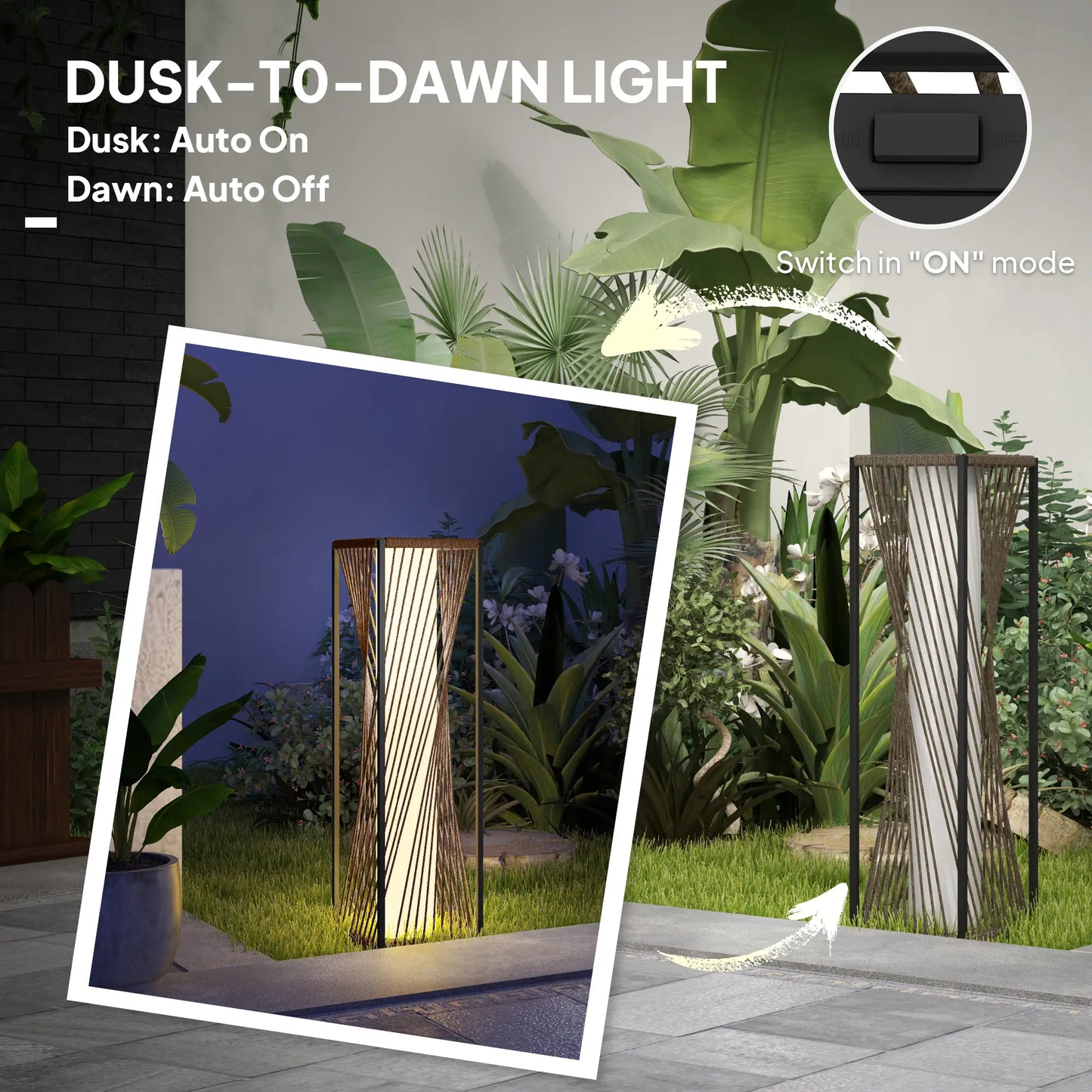Rattan Solar Floor Lamp, IP44, LED Auto On/Off, Brown Solar Post Lamps at Gallery Canada
