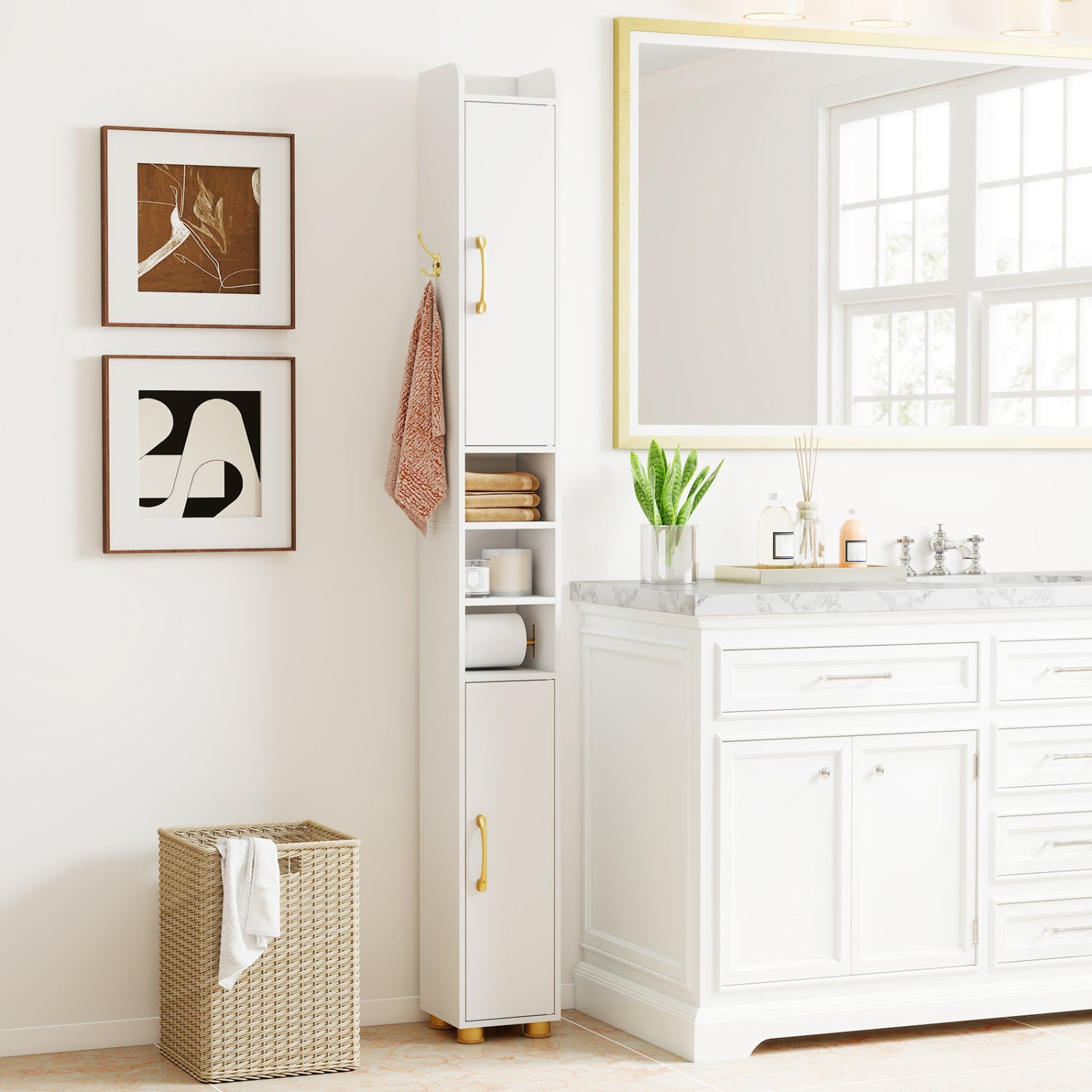 Narrow Bathroom Storage Cabinet with Open Shelves and Toilet Paper Holder, White Floor Cabinets at Gallery Canada