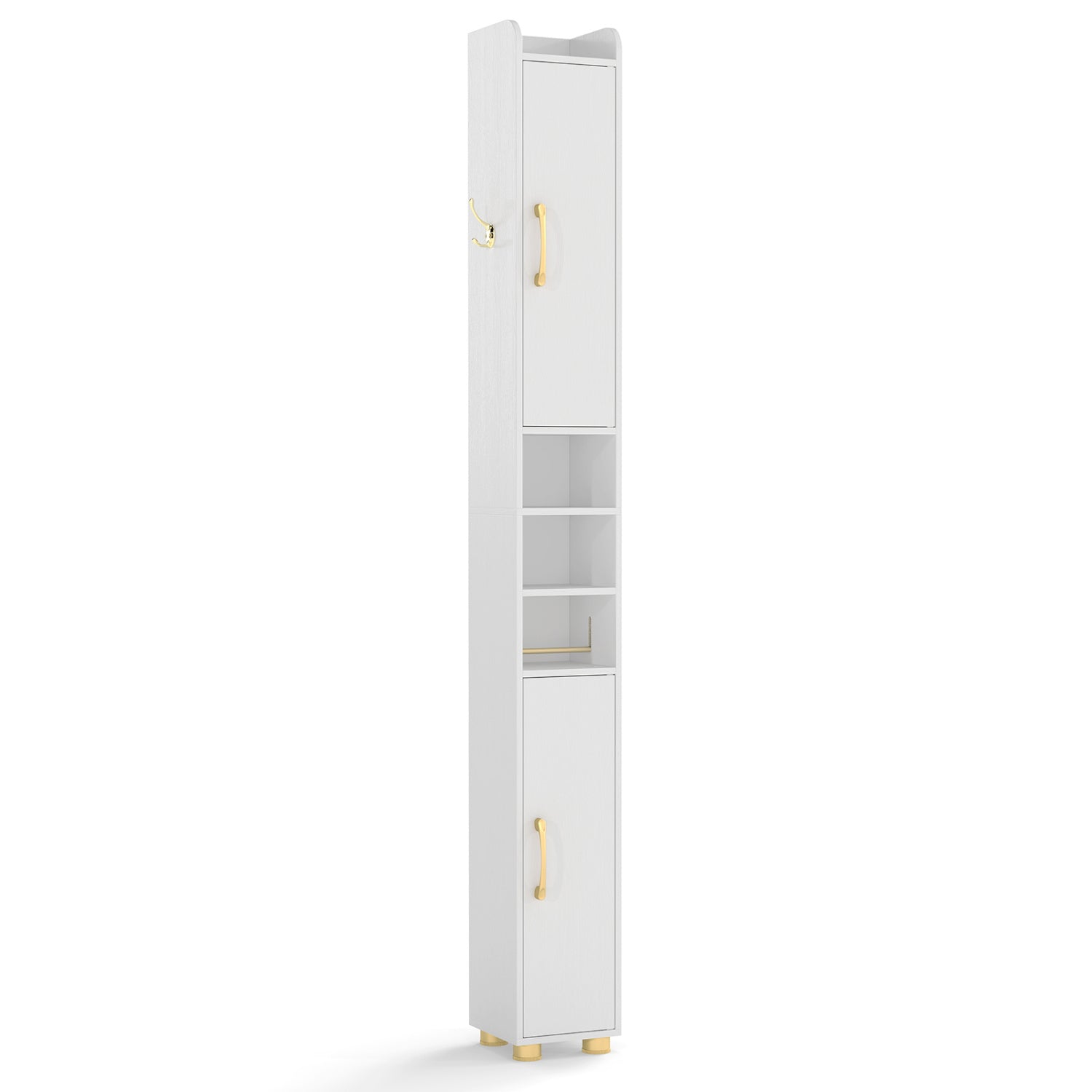 Narrow Bathroom Storage Cabinet with Open Shelves and Toilet Paper Holder, White Floor Cabinets White at Gallery Canada