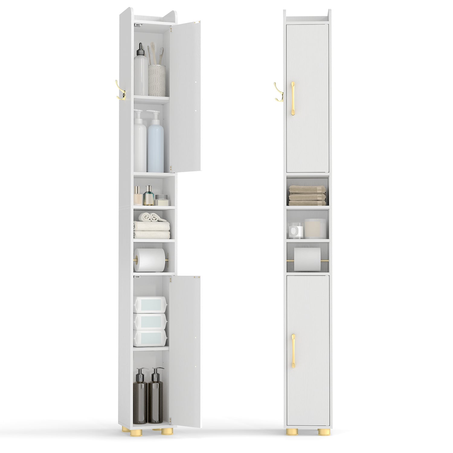 Narrow Bathroom Storage Cabinet with Open Shelves and Toilet Paper Holder, White Floor Cabinets at Gallery Canada