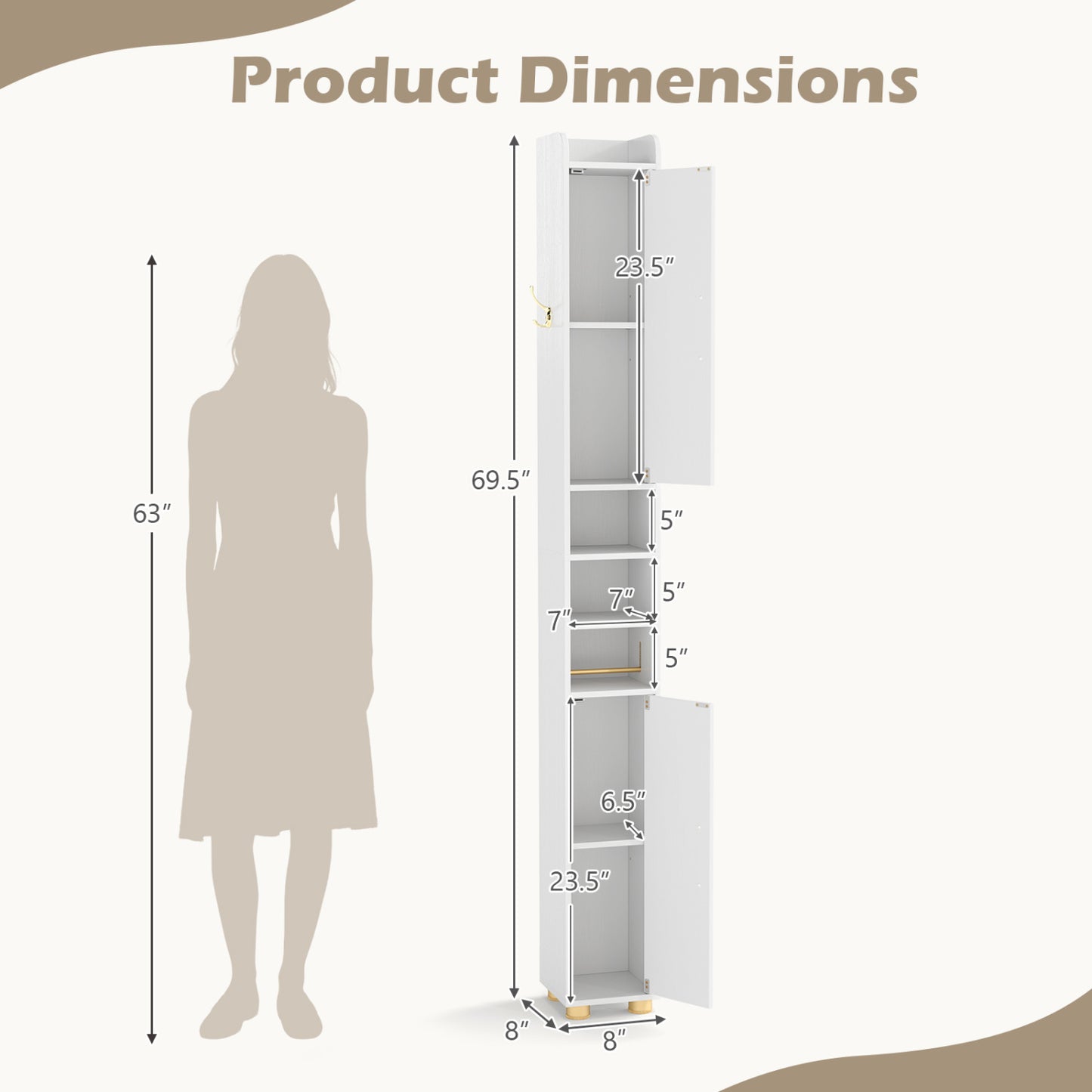Narrow Bathroom Storage Cabinet with Open Shelves and Toilet Paper Holder, White Floor Cabinets at Gallery Canada