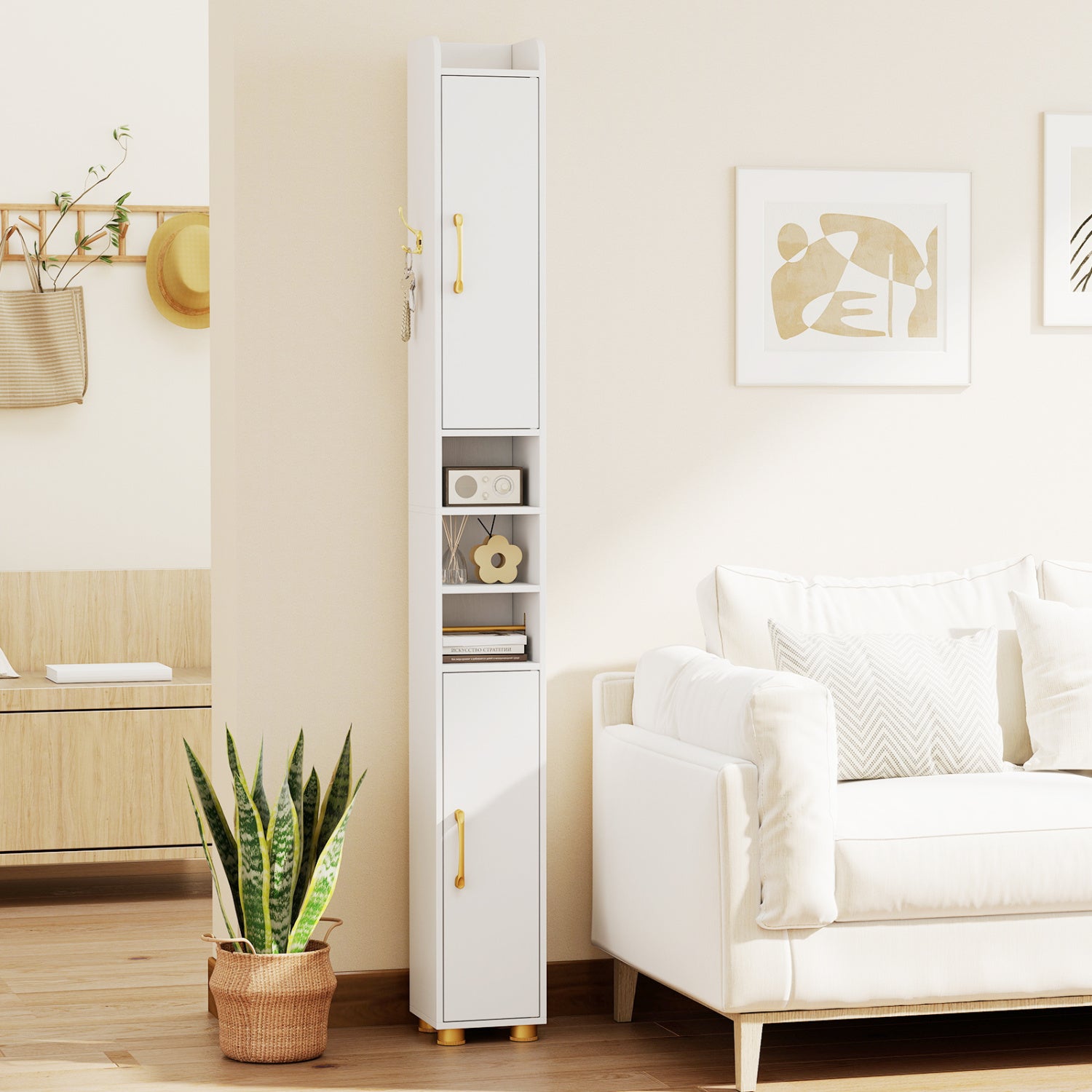 Narrow Bathroom Storage Cabinet with Open Shelves and Toilet Paper Holder, White Floor Cabinets at Gallery Canada