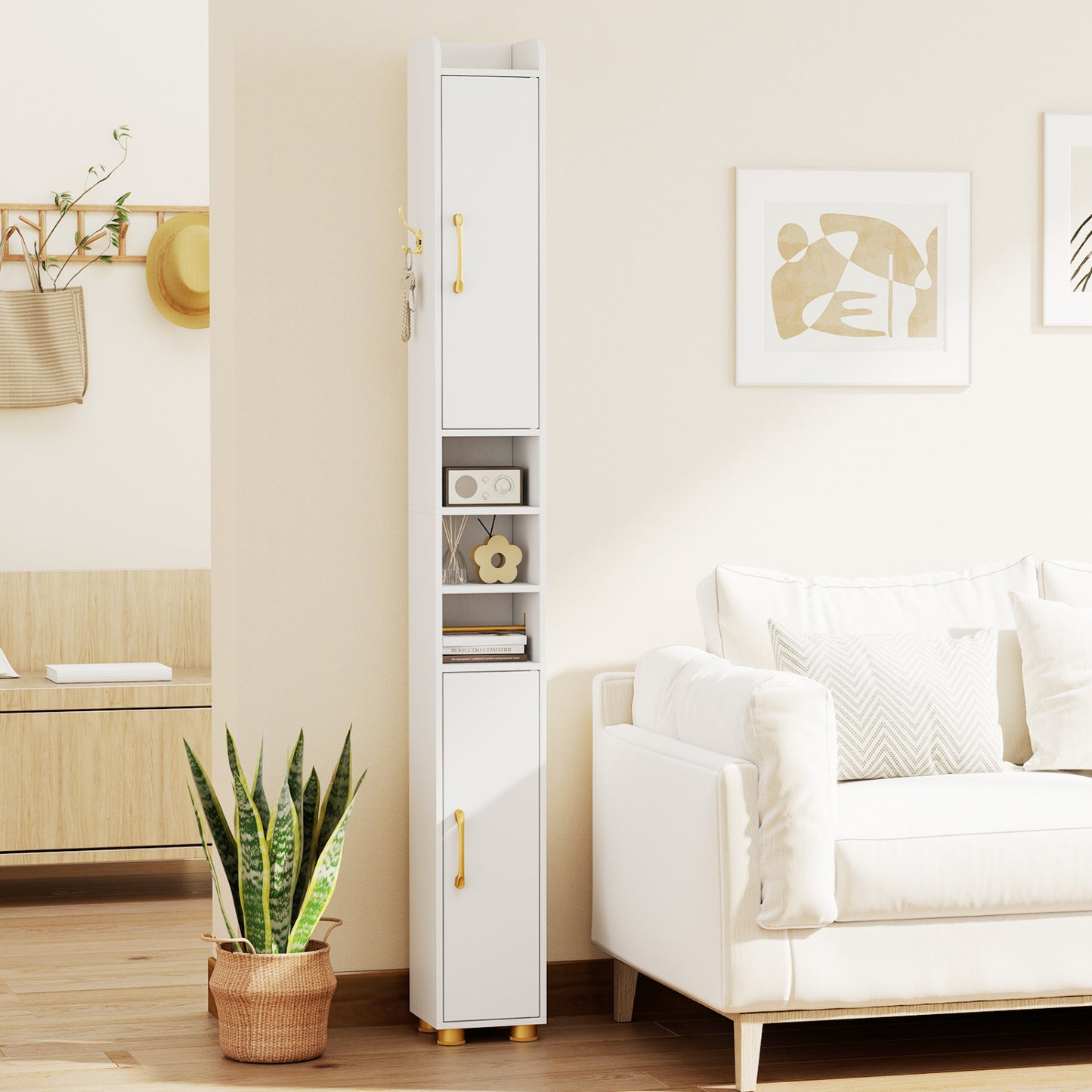 Narrow Bathroom Storage Cabinet with Open Shelves and Toilet Paper Holder, White Floor Cabinets at Gallery Canada