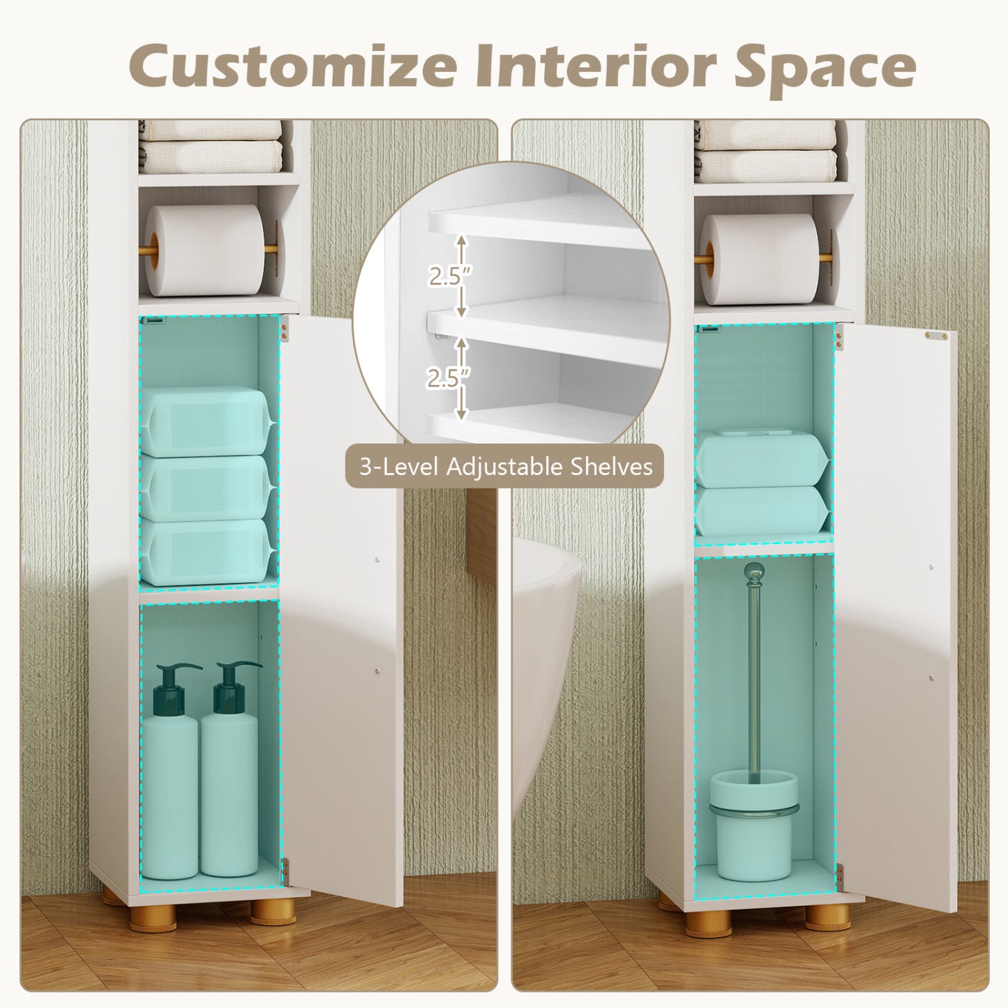 Narrow Bathroom Storage Cabinet with Open Shelves and Toilet Paper Holder, White Floor Cabinets at Gallery Canada
