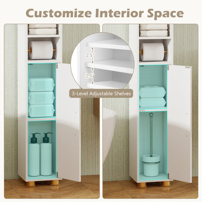 Narrow Bathroom Storage Cabinet with Open Shelves and Toilet Paper Holder, White Floor Cabinets at Gallery Canada