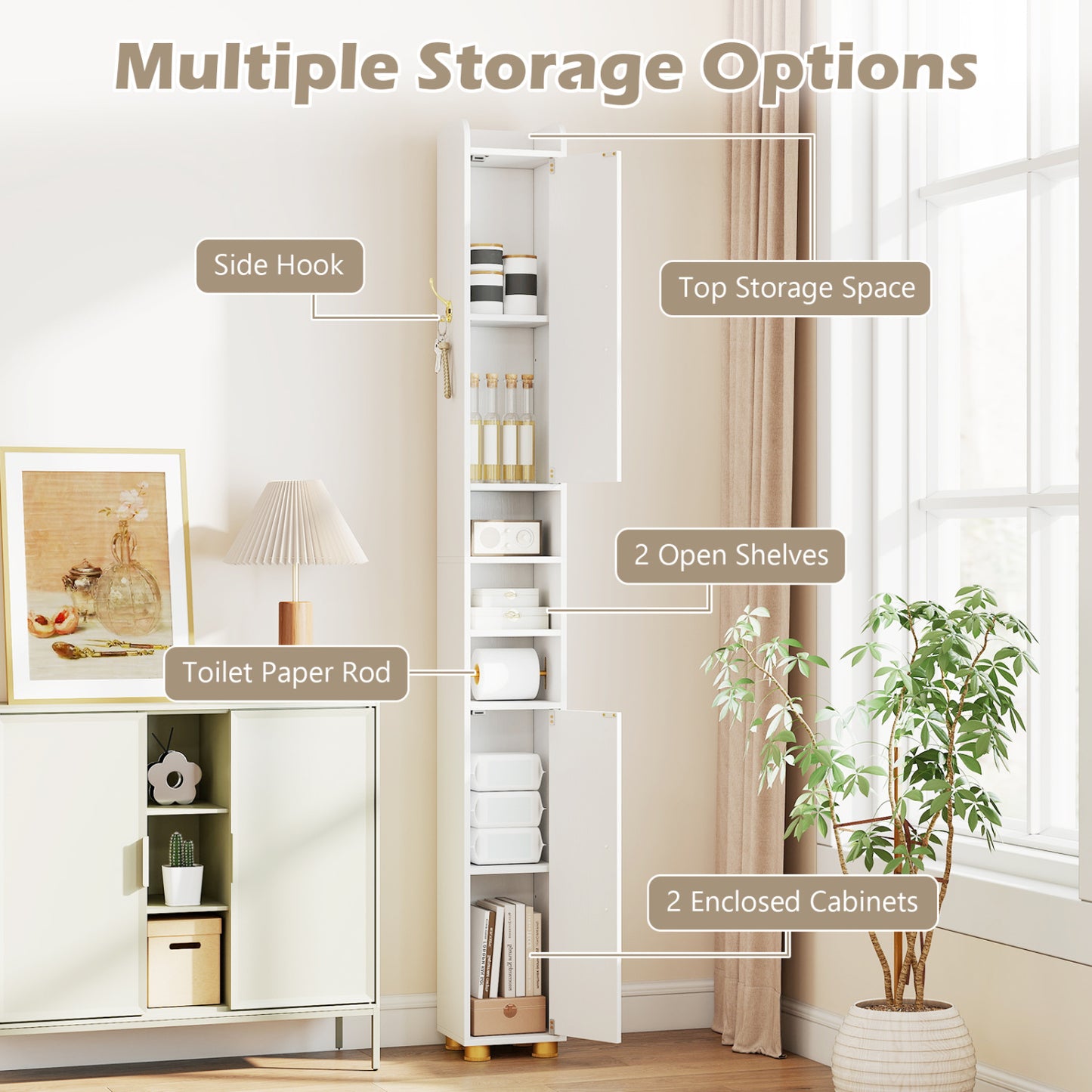 Narrow Bathroom Storage Cabinet with Open Shelves and Toilet Paper Holder, White Floor Cabinets at Gallery Canada