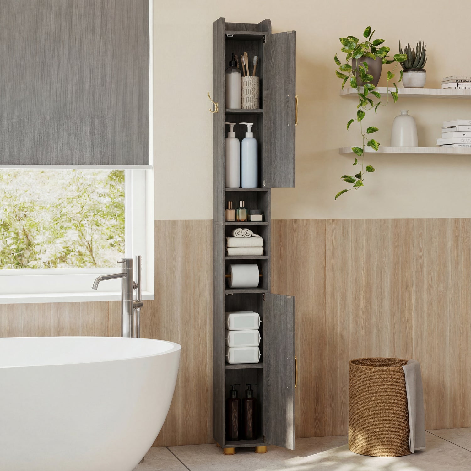 Narrow Bathroom Storage Cabinet, Open Shelves, Toilet Paper Holder, Gray Floor Cabinets at Gallery Canada