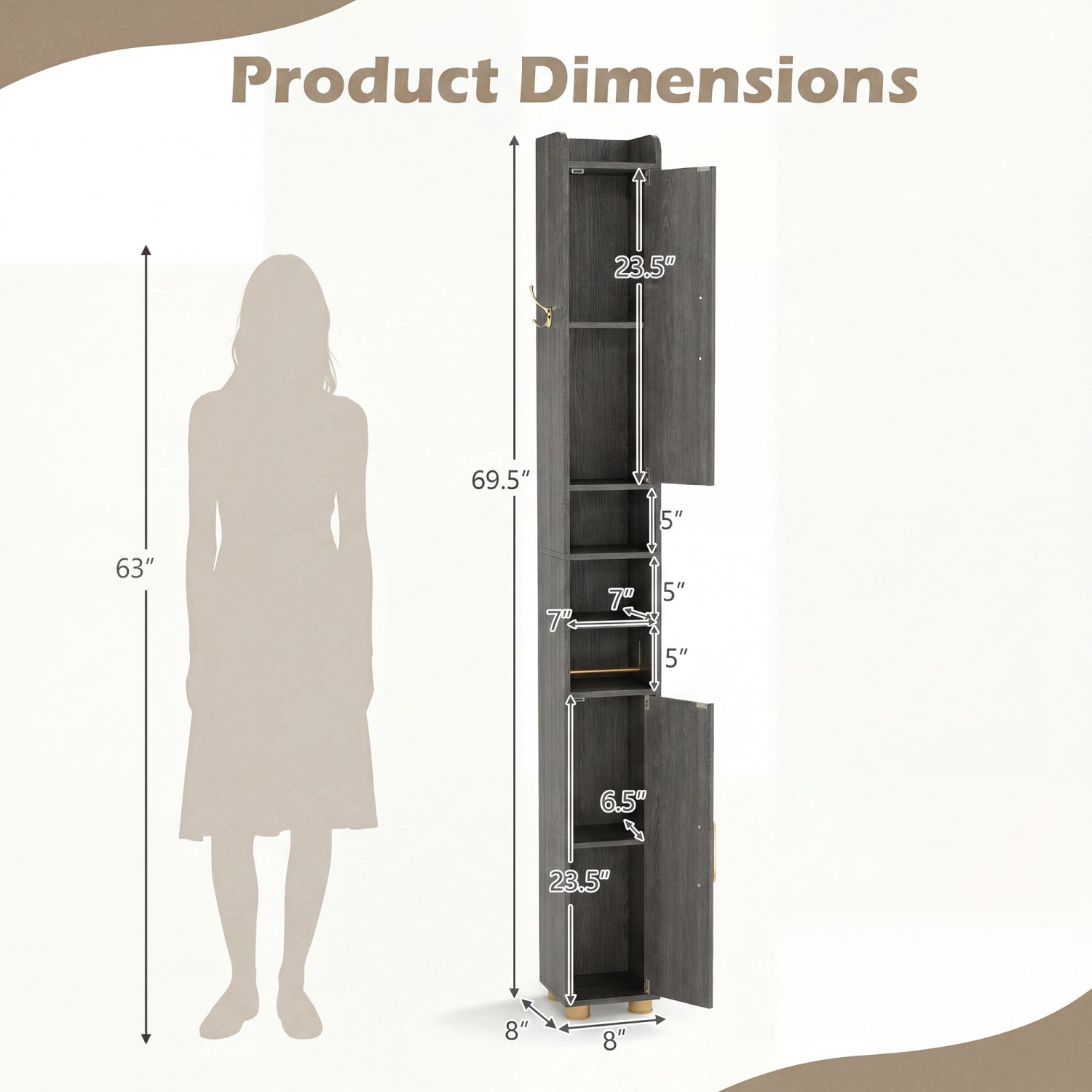 Narrow Bathroom Storage Cabinet, Open Shelves, Toilet Paper Holder, Gray Floor Cabinets at Gallery Canada