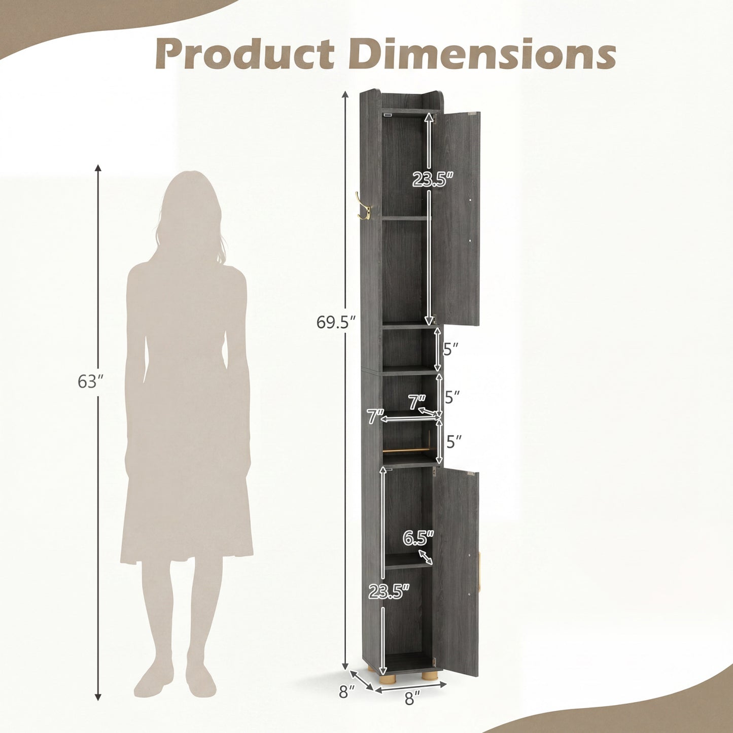 Narrow Bathroom Storage Cabinet, Open Shelves, Toilet Paper Holder, Gray Floor Cabinets at Gallery Canada