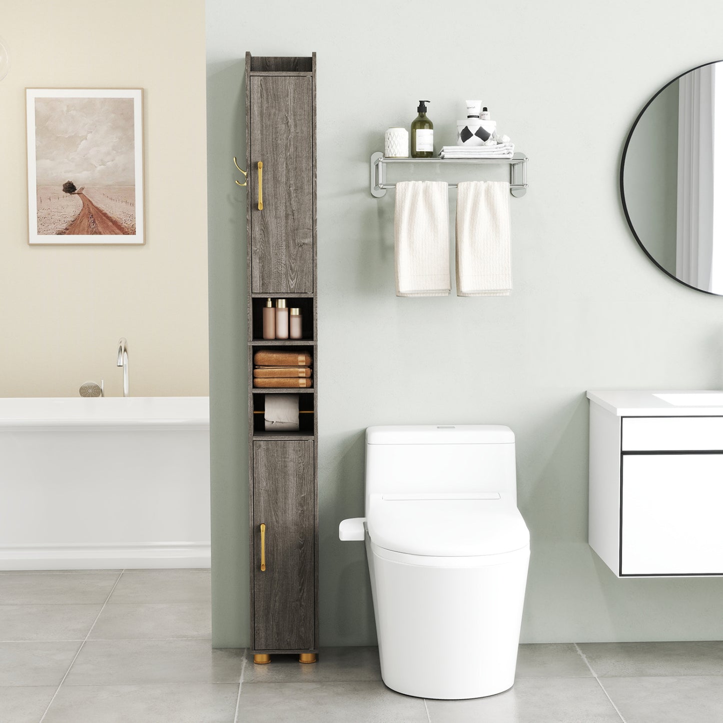 Narrow Bathroom Storage Cabinet, Open Shelves, Toilet Paper Holder, Gray Floor Cabinets at Gallery Canada