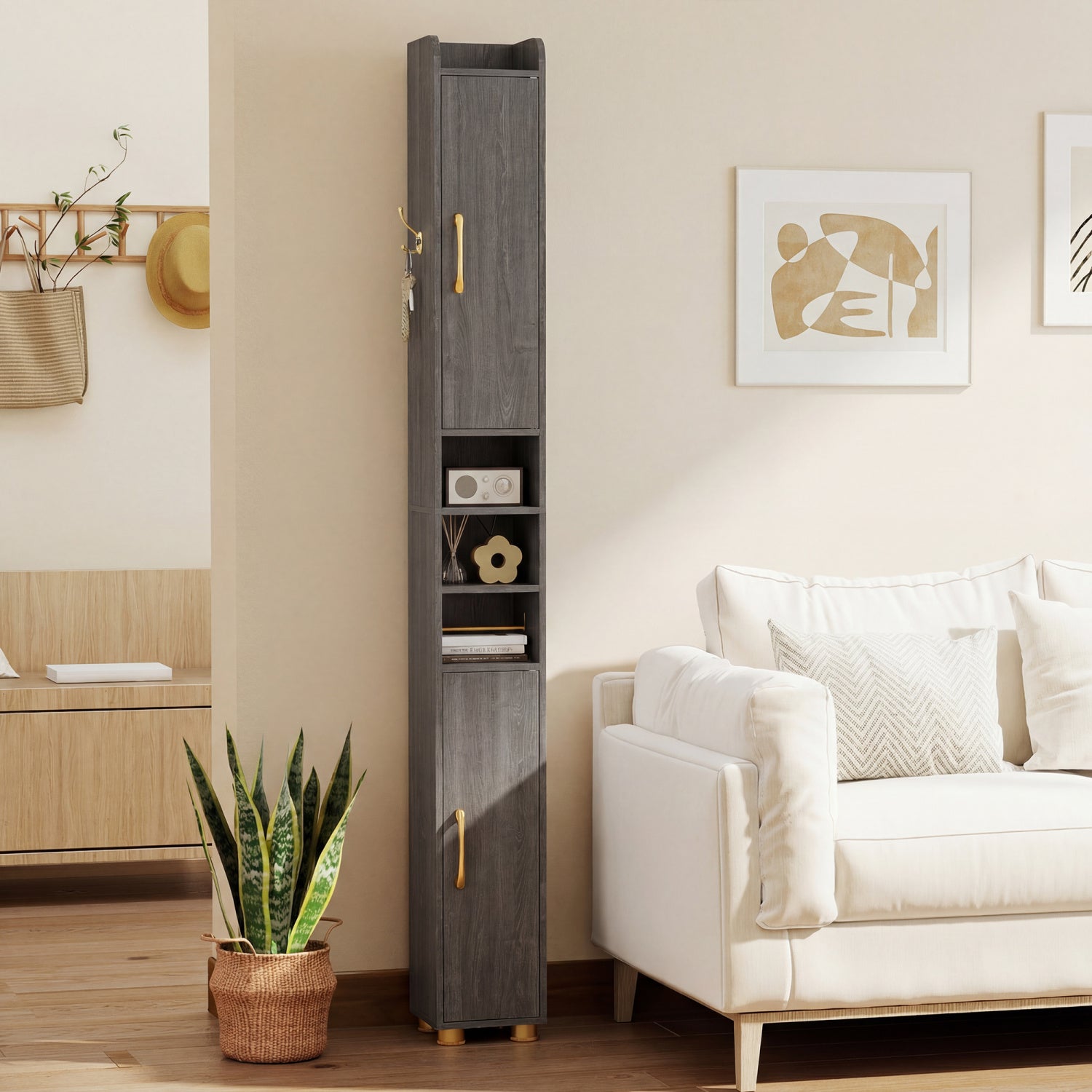 Narrow Bathroom Storage Cabinet, Open Shelves, Toilet Paper Holder, Gray Floor Cabinets at Gallery Canada