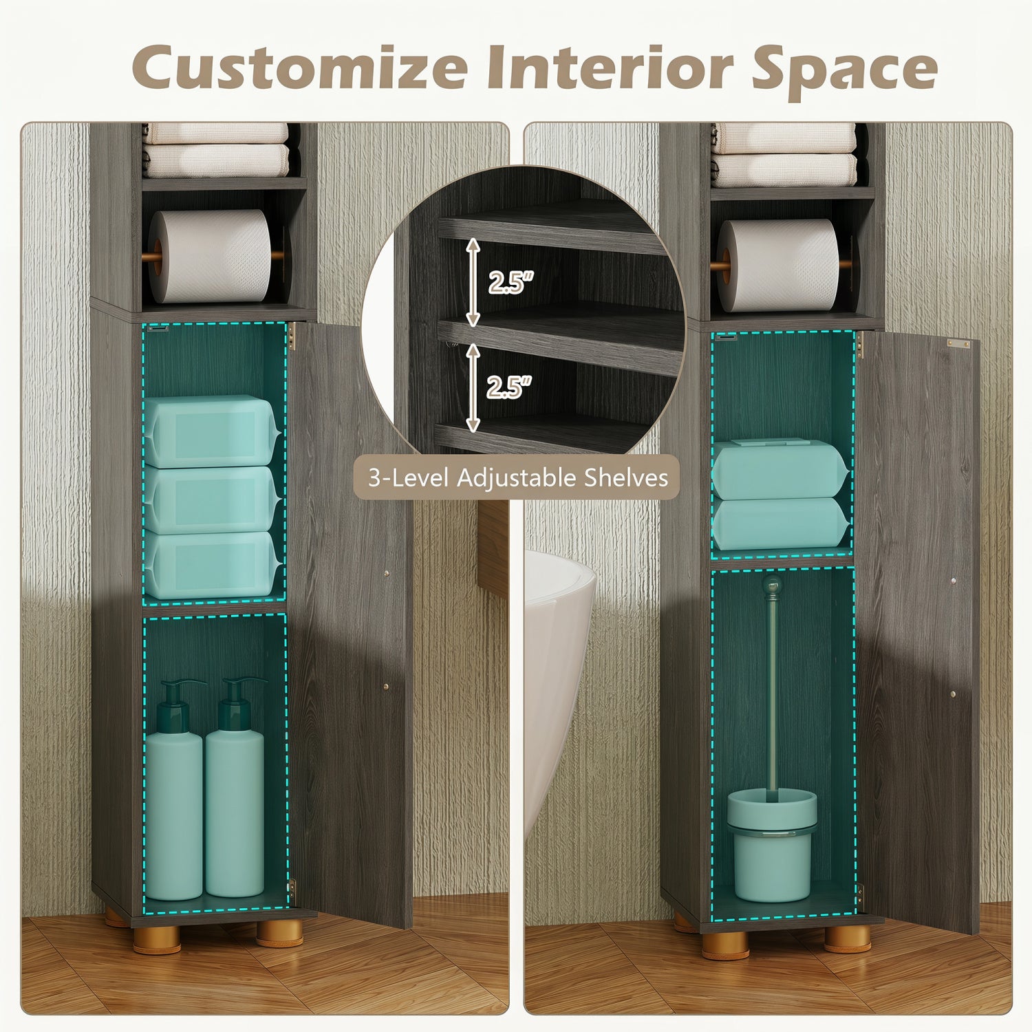 Narrow Bathroom Storage Cabinet, Open Shelves, Toilet Paper Holder, Gray Floor Cabinets at Gallery Canada