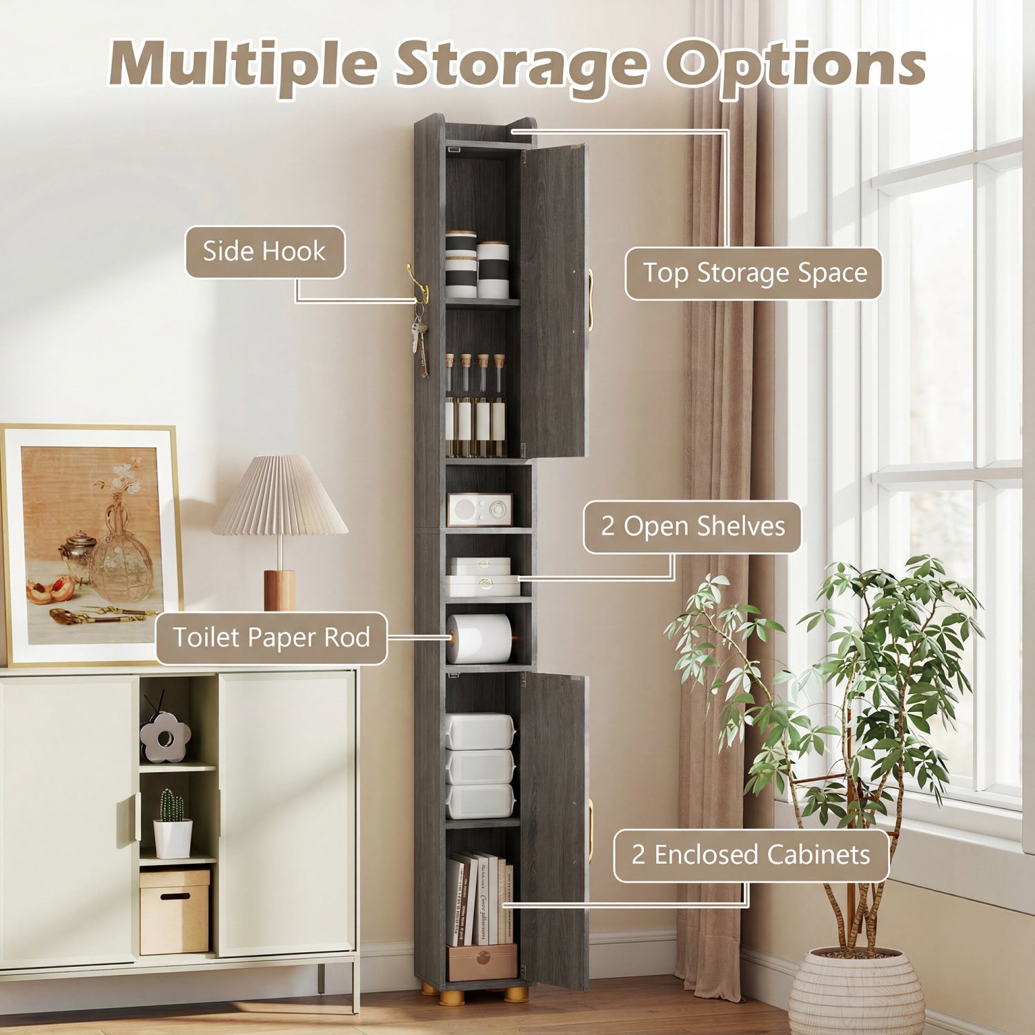 Narrow Bathroom Storage Cabinet, Open Shelves, Toilet Paper Holder, Gray Floor Cabinets at Gallery Canada