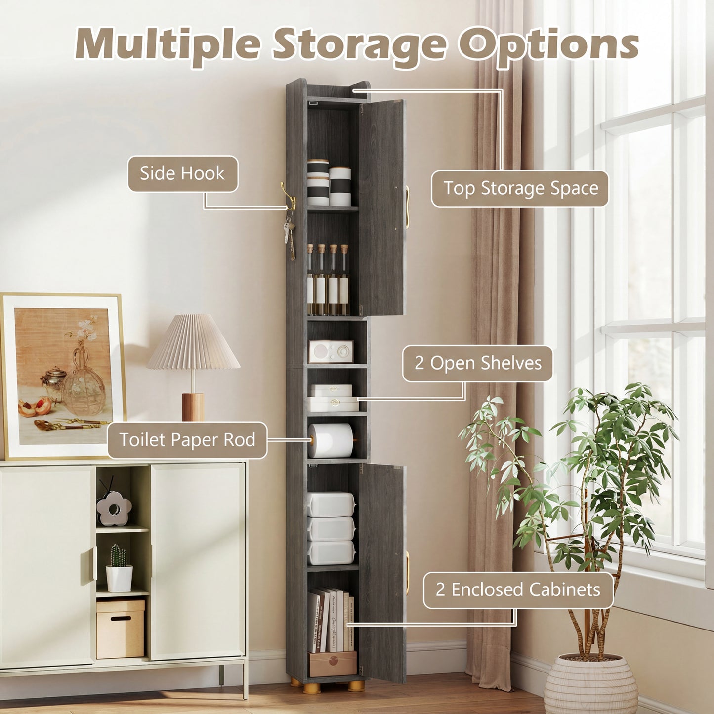 Narrow Bathroom Storage Cabinet, Open Shelves, Toilet Paper Holder, Gray Floor Cabinets at Gallery Canada