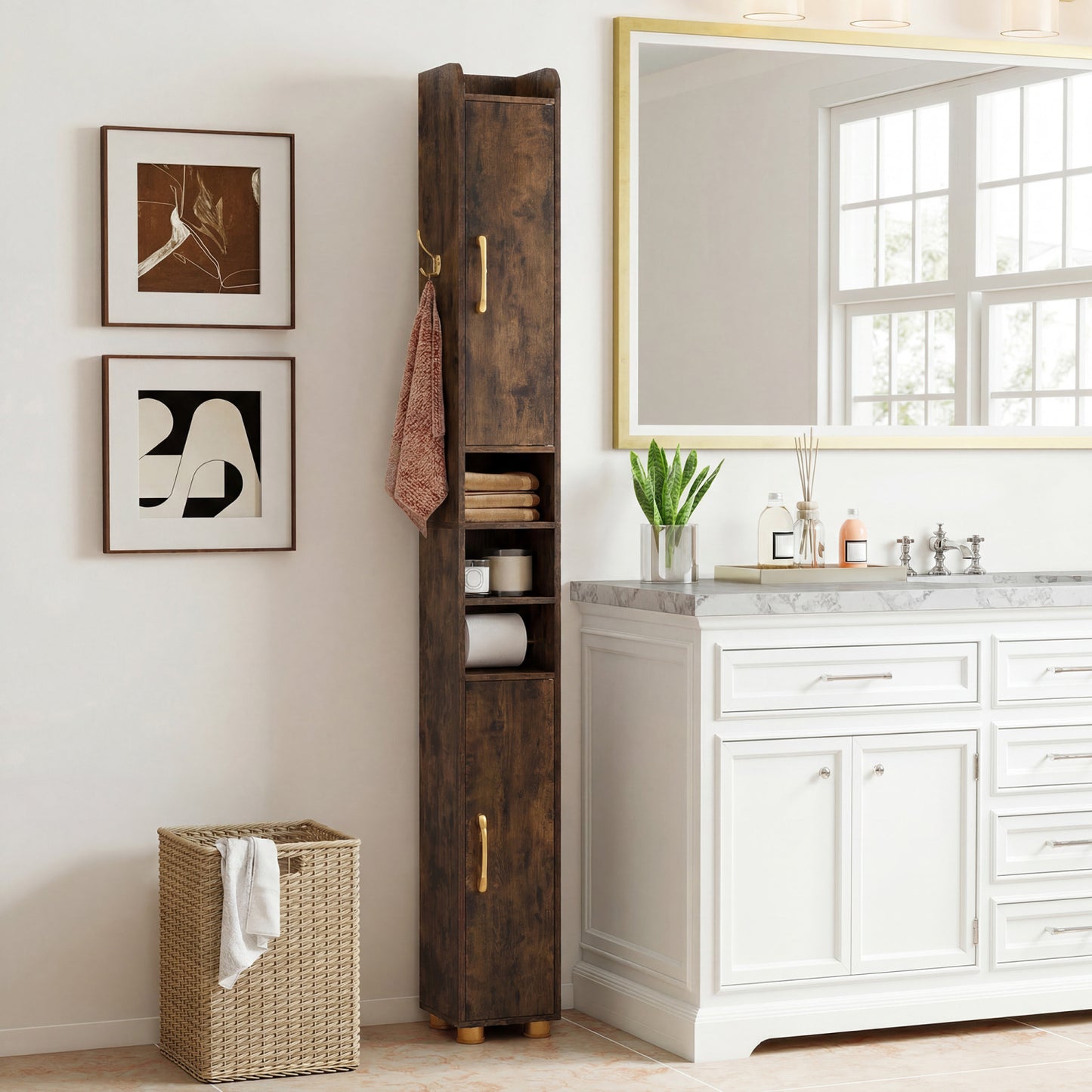 Narrow Bathroom Storage Cabinet, Open Shelves, Toilet Paper Holder