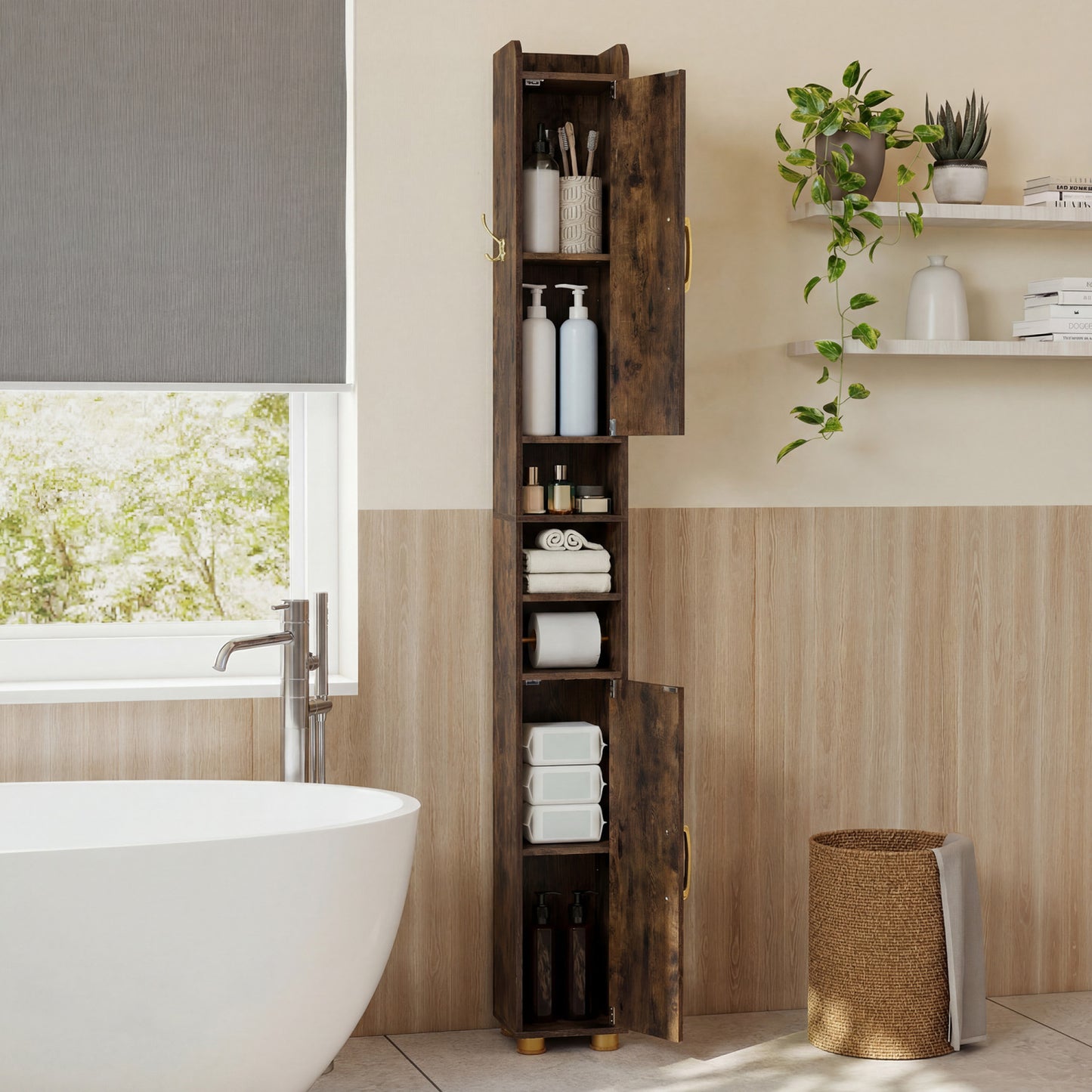 Narrow Bathroom Storage Cabinet, Open Shelves, Toilet Paper Holder