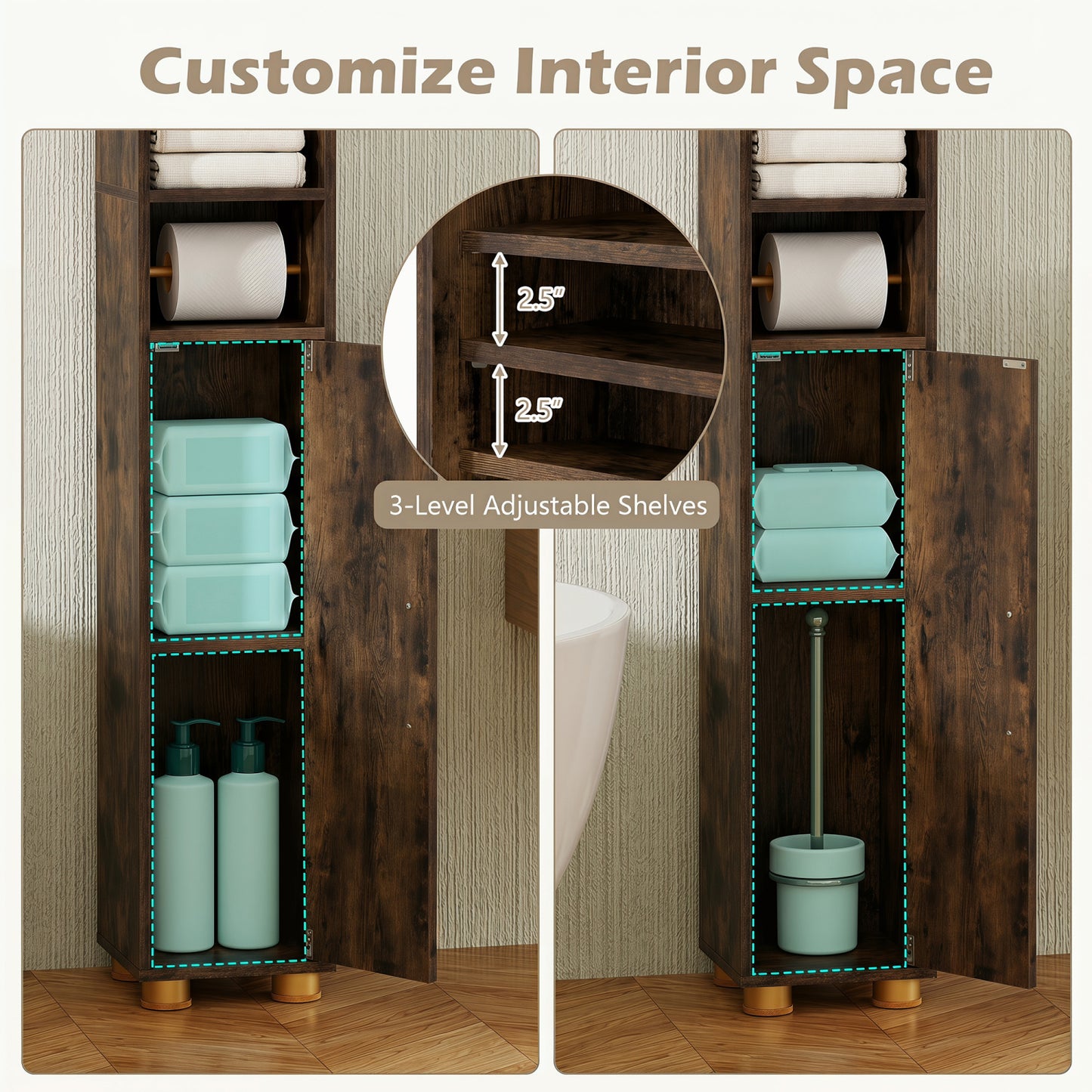 Narrow Bathroom Storage Cabinet, Open Shelves, Toilet Paper Holder