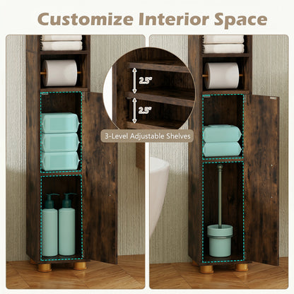 Narrow Bathroom Storage Cabinet, Open Shelves, Toilet Paper Holder