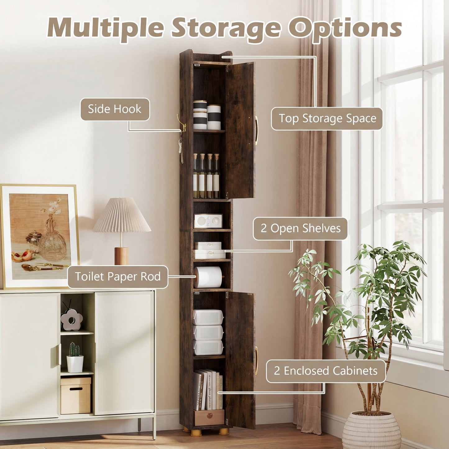Narrow Bathroom Storage Cabinet, Open Shelves, Toilet Paper Holder