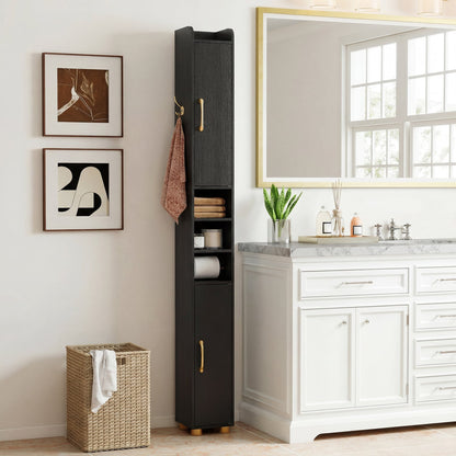 Narrow Bathroom Storage Cabinet, Open Shelves, Toilet Paper Holder, Black