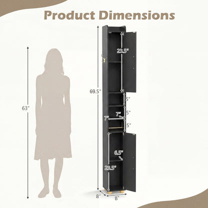 Narrow Bathroom Storage Cabinet, Open Shelves, Toilet Paper Holder, Black