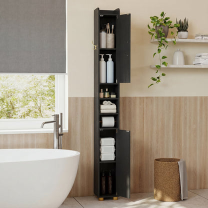Narrow Bathroom Storage Cabinet, Open Shelves, Toilet Paper Holder, Black
