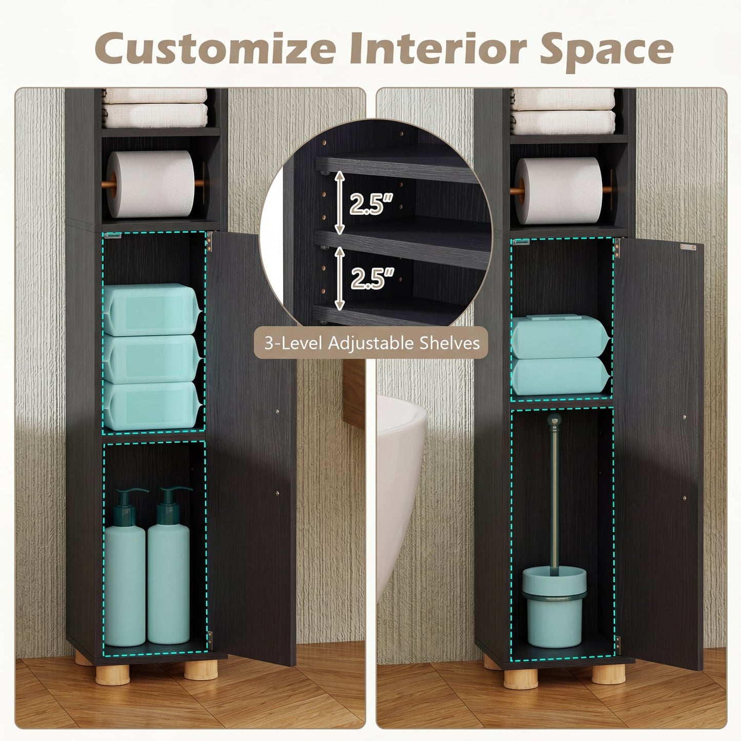 Narrow Bathroom Storage Cabinet, Open Shelves, Toilet Paper Holder, Black