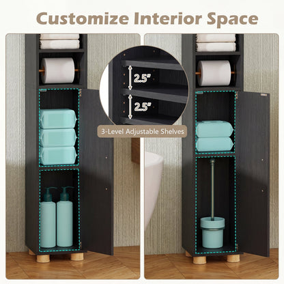 Narrow Bathroom Storage Cabinet, Open Shelves, Toilet Paper Holder, Black