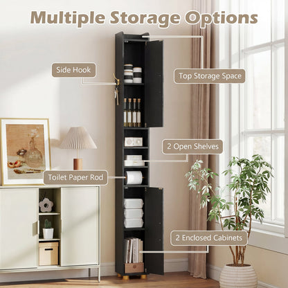 Narrow Bathroom Storage Cabinet, Open Shelves, Toilet Paper Holder, Black