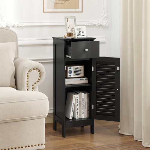 Narrow Bathroom Cabinet, Adjustable Shelf & Drawer, Black