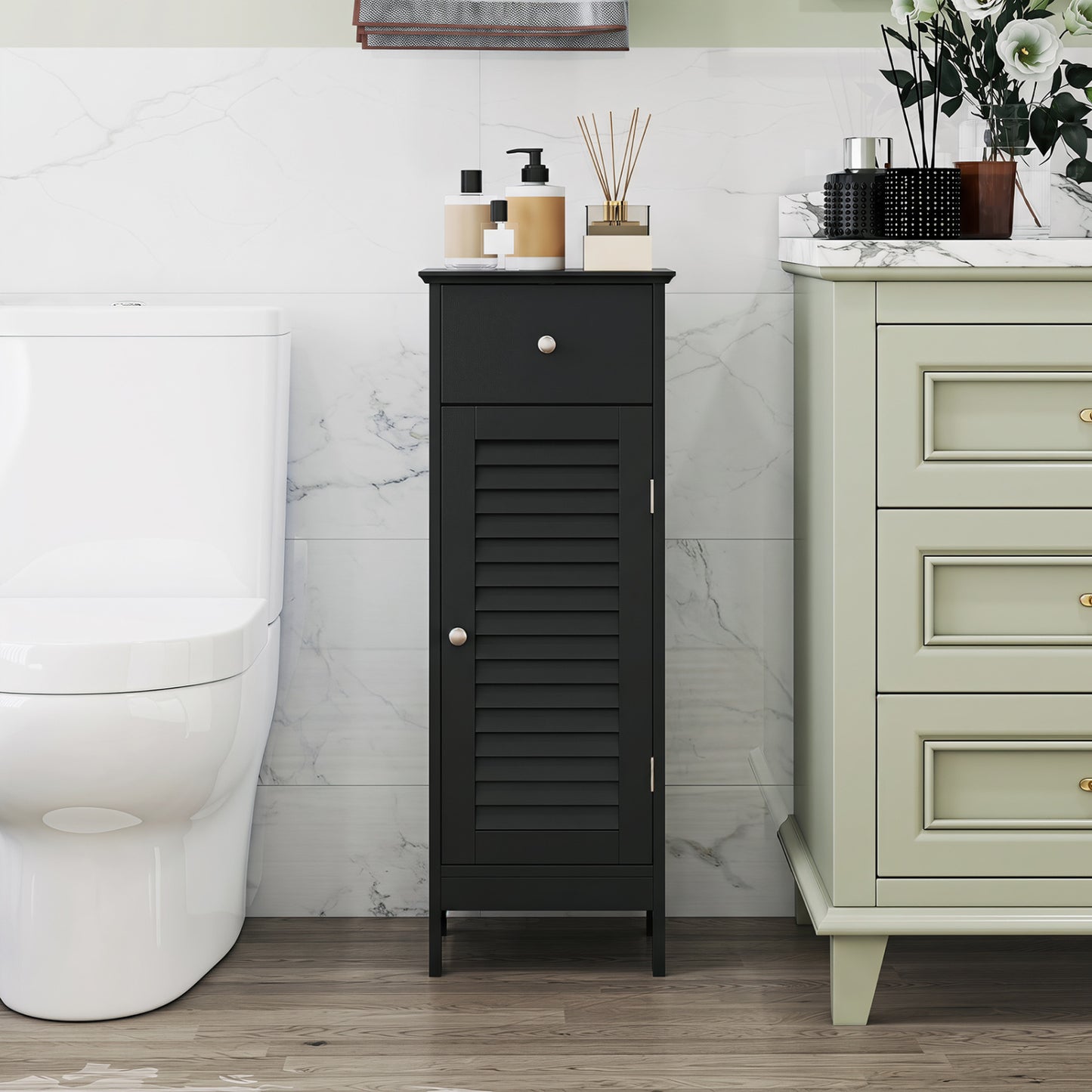 Armoire de salle de bain étroite, étagère réglable et tiroir, noir