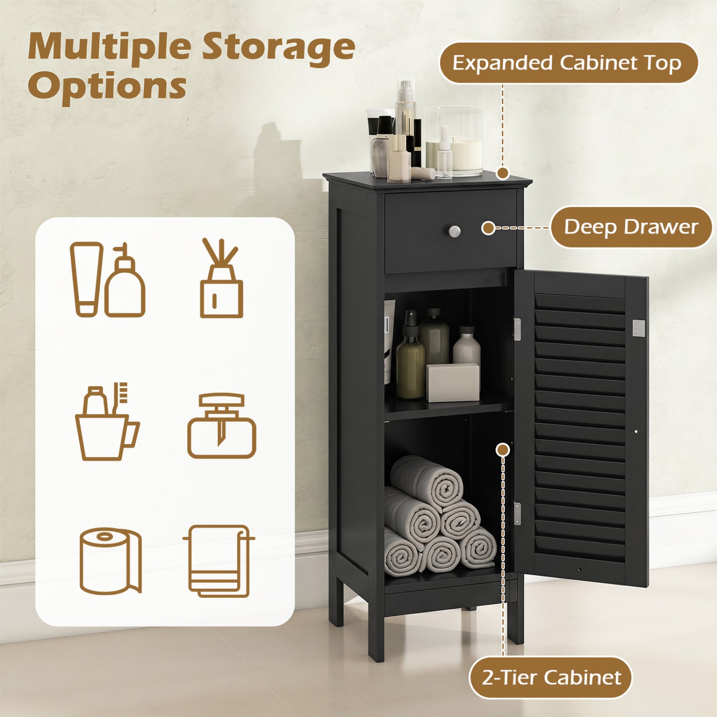 Armoire de salle de bain étroite, étagère réglable et tiroir, noir