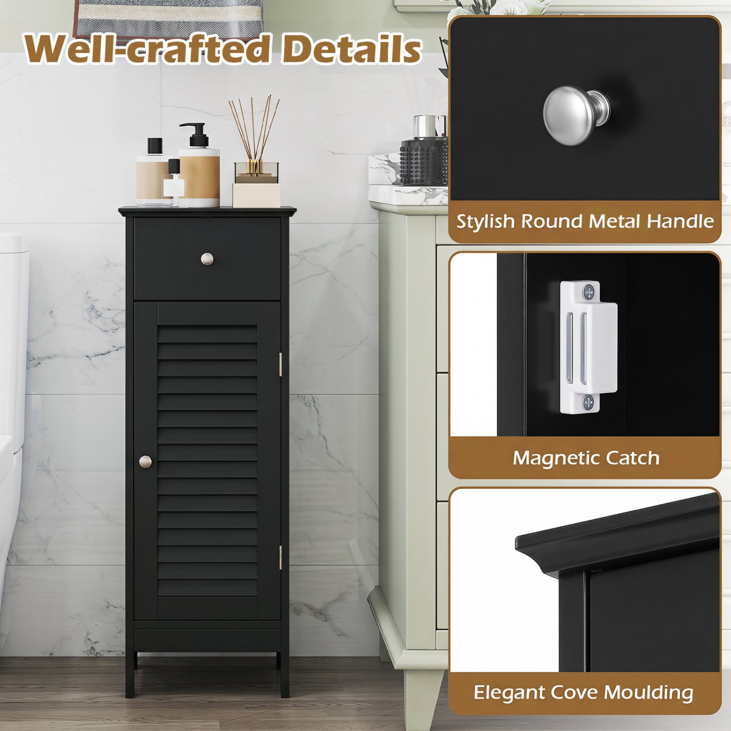 Armoire de salle de bain étroite, étagère réglable et tiroir, noir