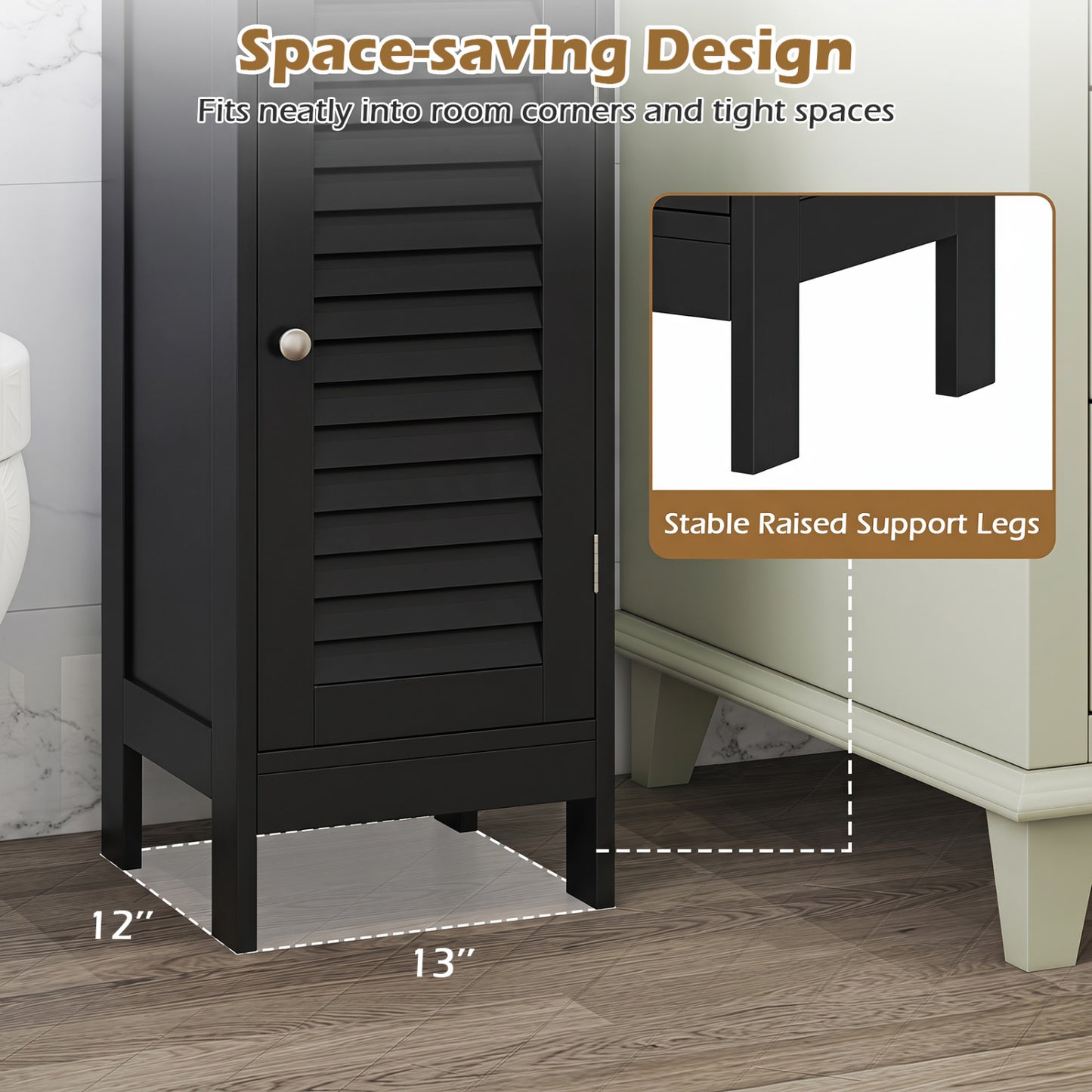 Armoire de salle de bain étroite, étagère réglable et tiroir, noir