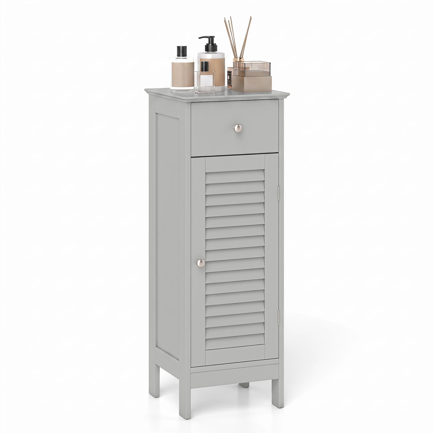 Meuble de salle de bain étroit avec étagère et tiroir, gris