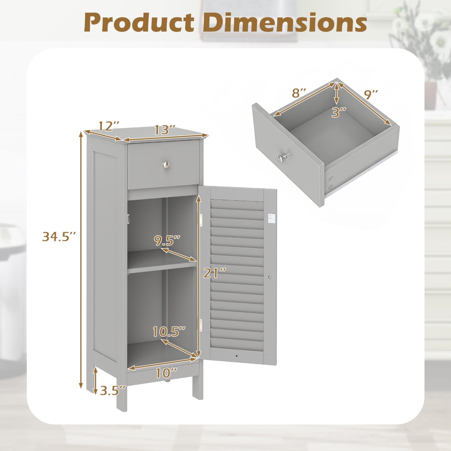 Meuble de salle de bain étroit avec étagère et tiroir, gris