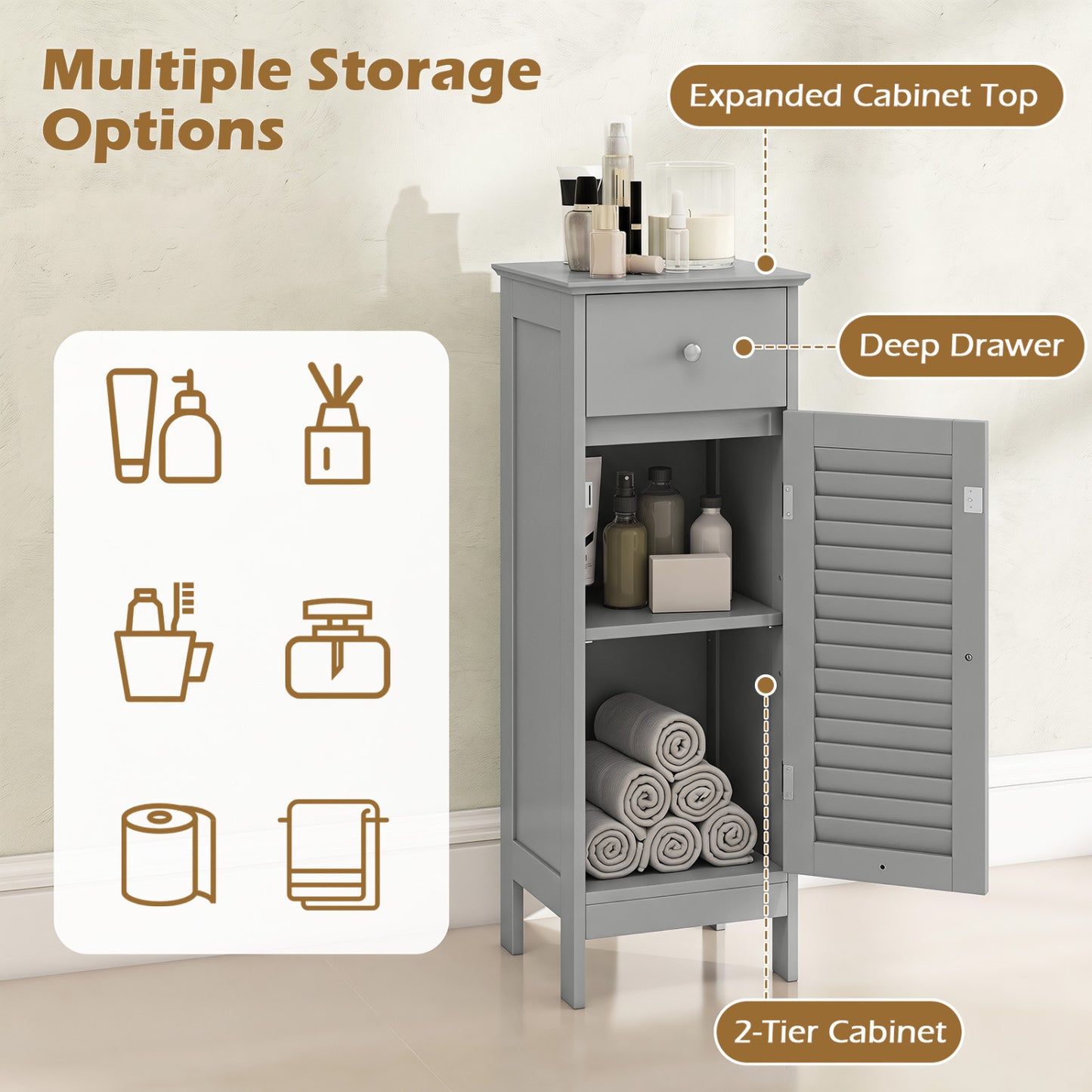 Meuble de salle de bain étroit avec étagère et tiroir, gris