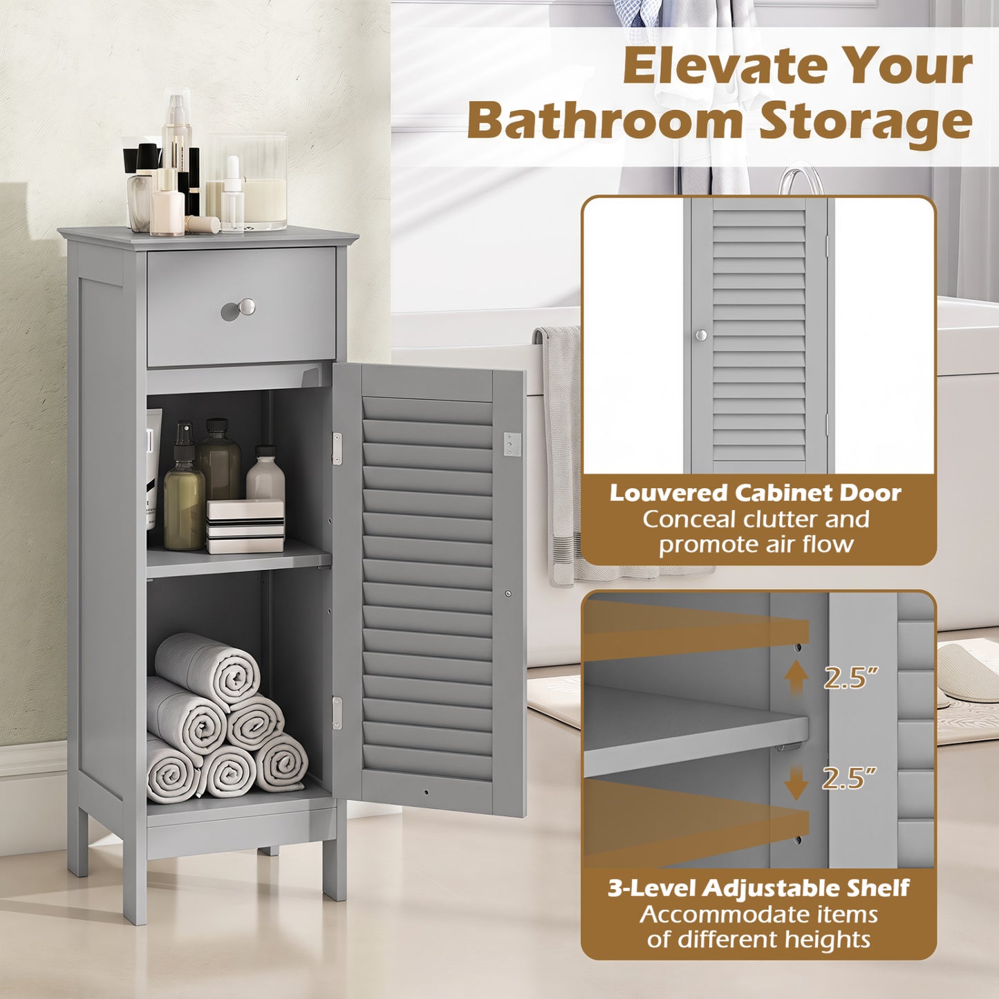 Meuble de salle de bain étroit avec étagère et tiroir, gris