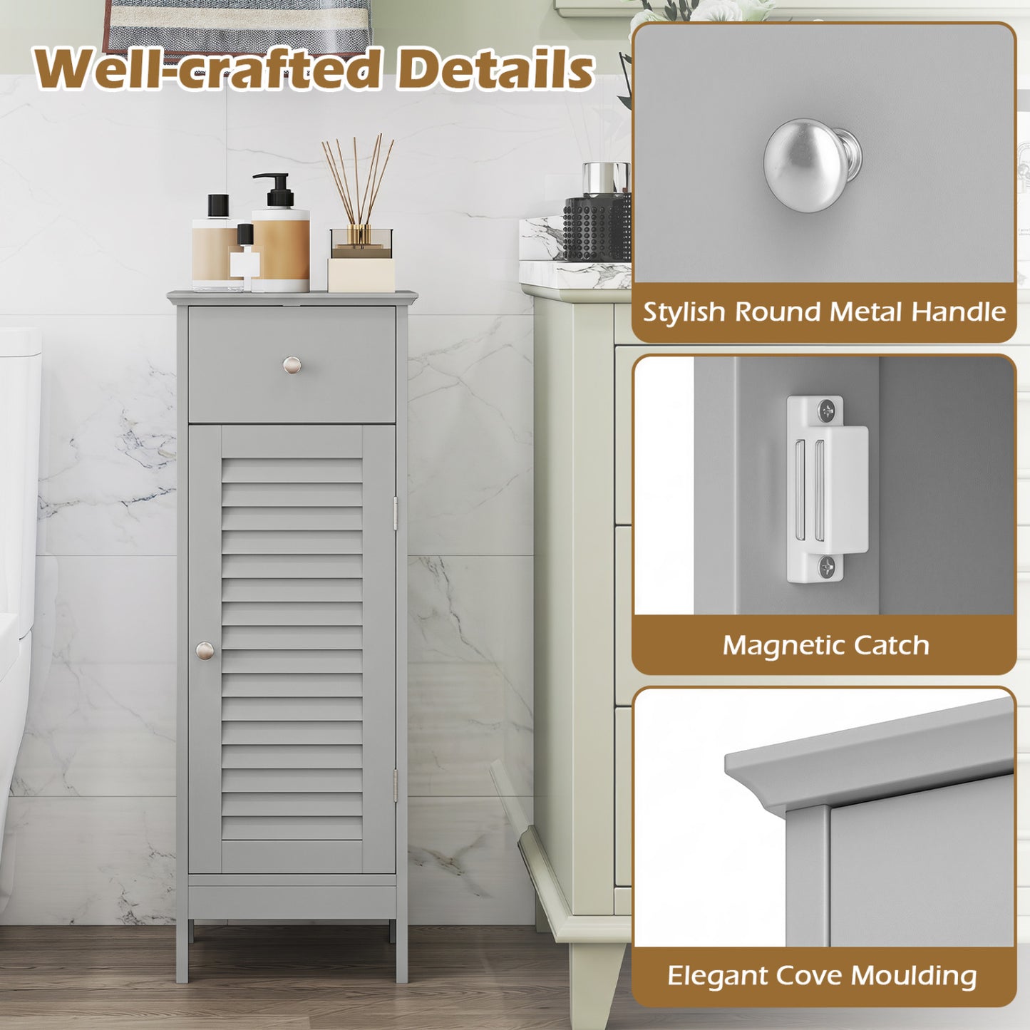 Meuble de salle de bain étroit avec étagère et tiroir, gris