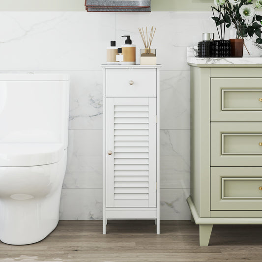 Narrow Bathroom Cabinet, Adjustable Shelf & Drawer, White Floor Cabinets White at Gallery Canada