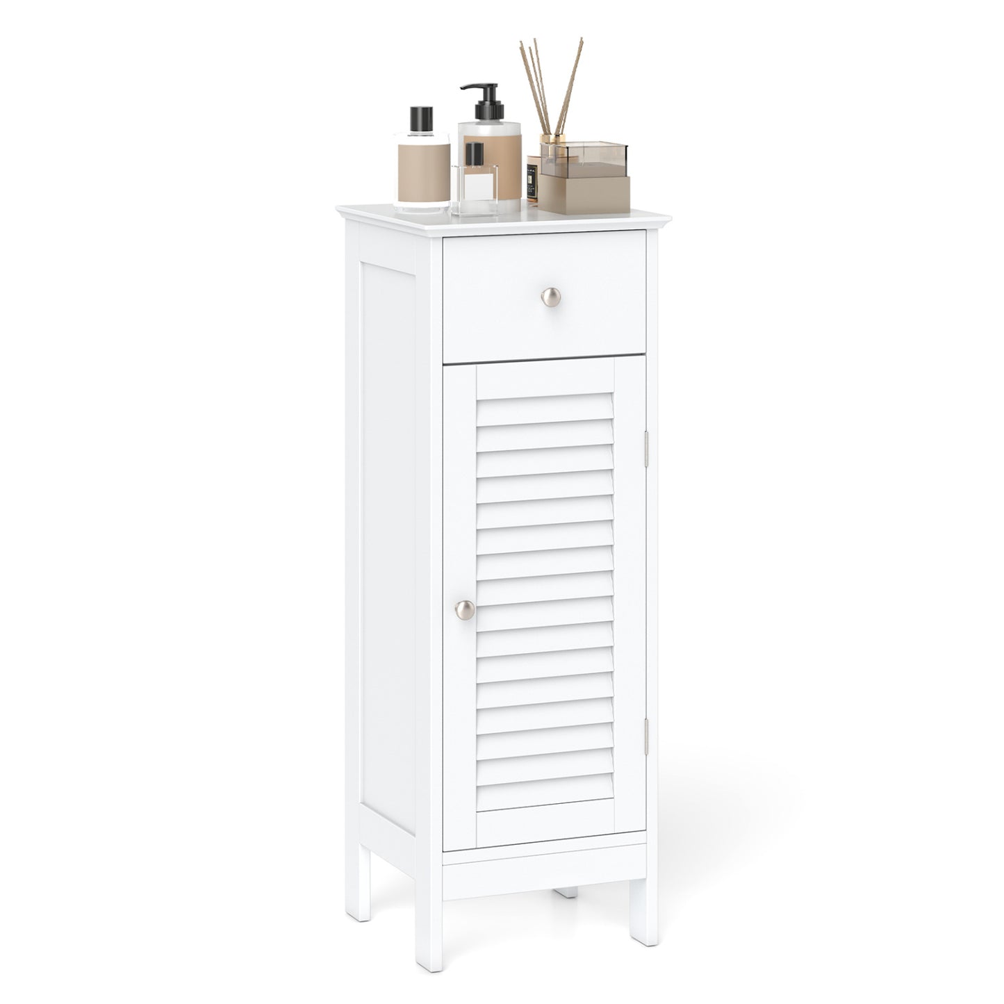 Armoire de salle de bain étroite, étagère et tiroir réglables, blanc