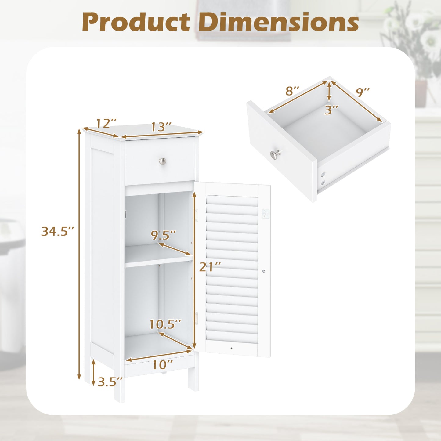 Armoire de salle de bain étroite, étagère et tiroir réglables, blanc