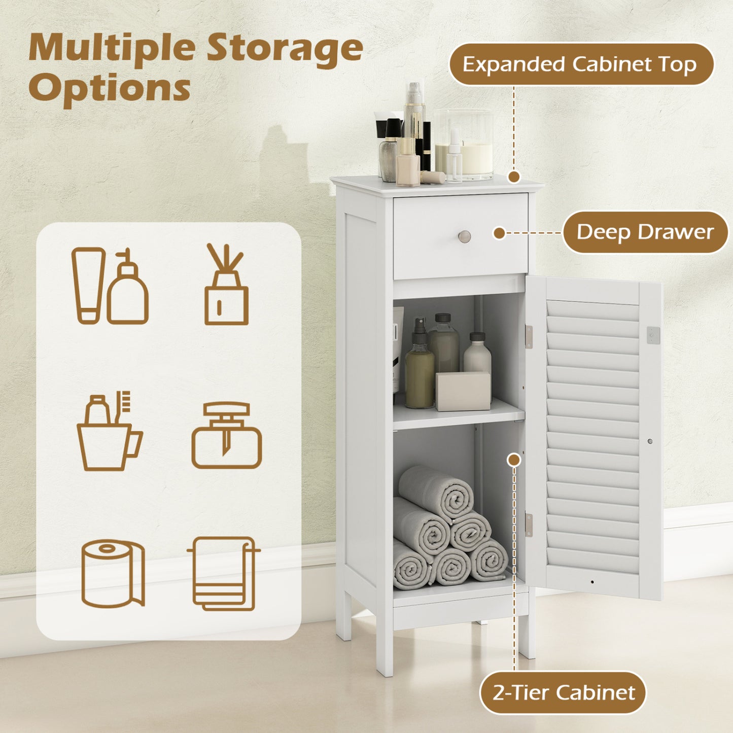 Armoire de salle de bain étroite, étagère et tiroir réglables, blanc