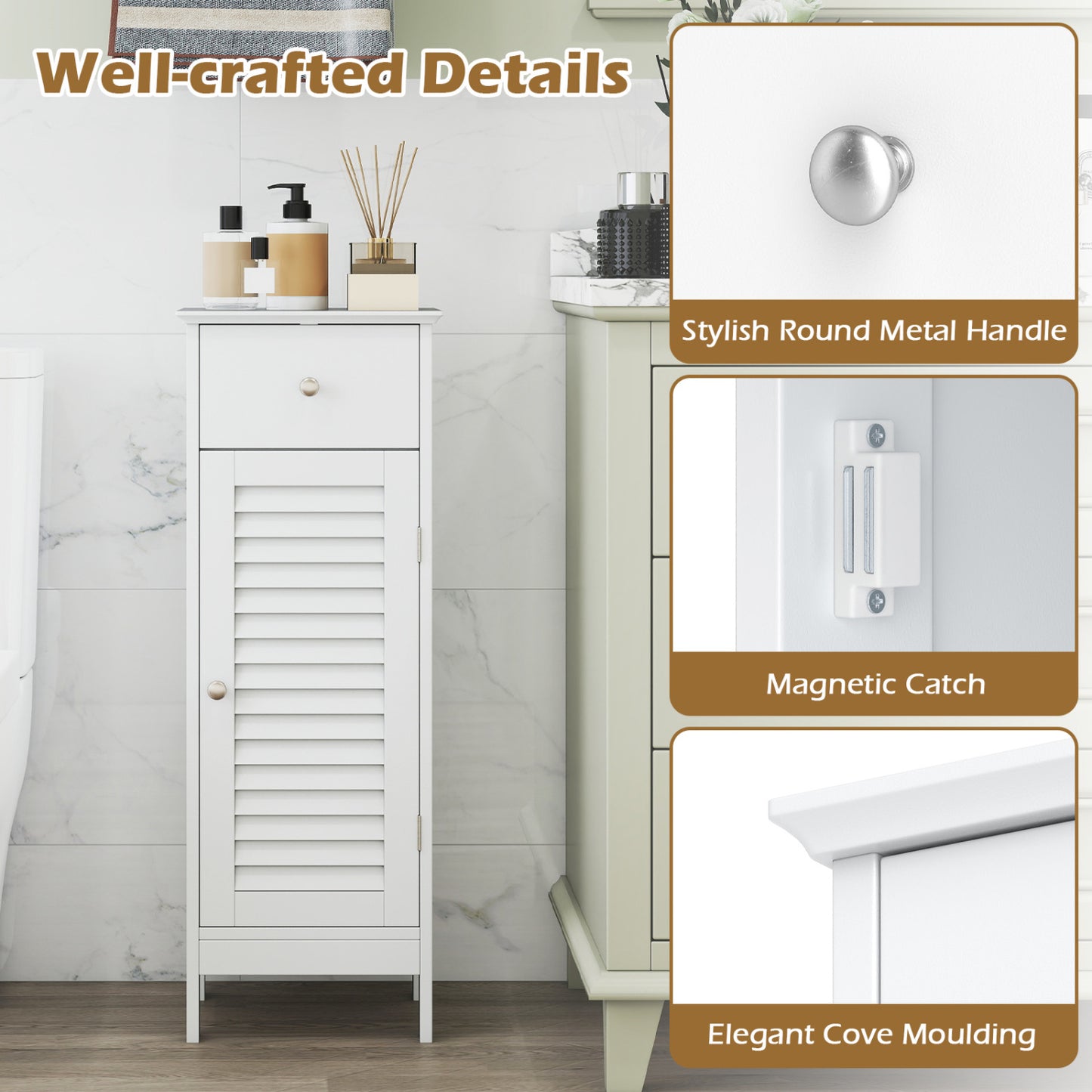 Armoire de salle de bain étroite, étagère et tiroir réglables, blanc