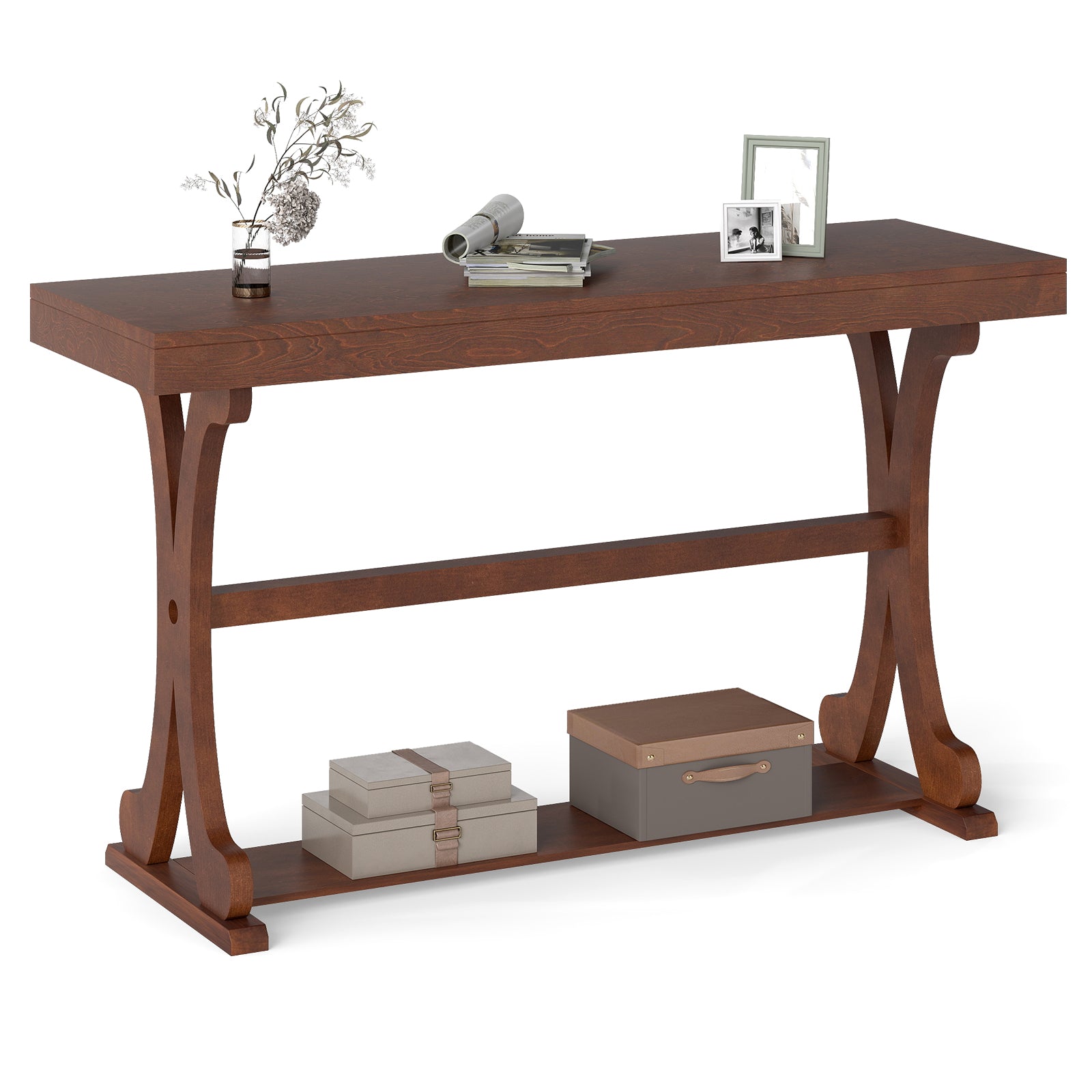 Narrow Console Table, 52 Inch, Walnut, Open Storage Shelf Console Tables Walnut at Gallery Canada